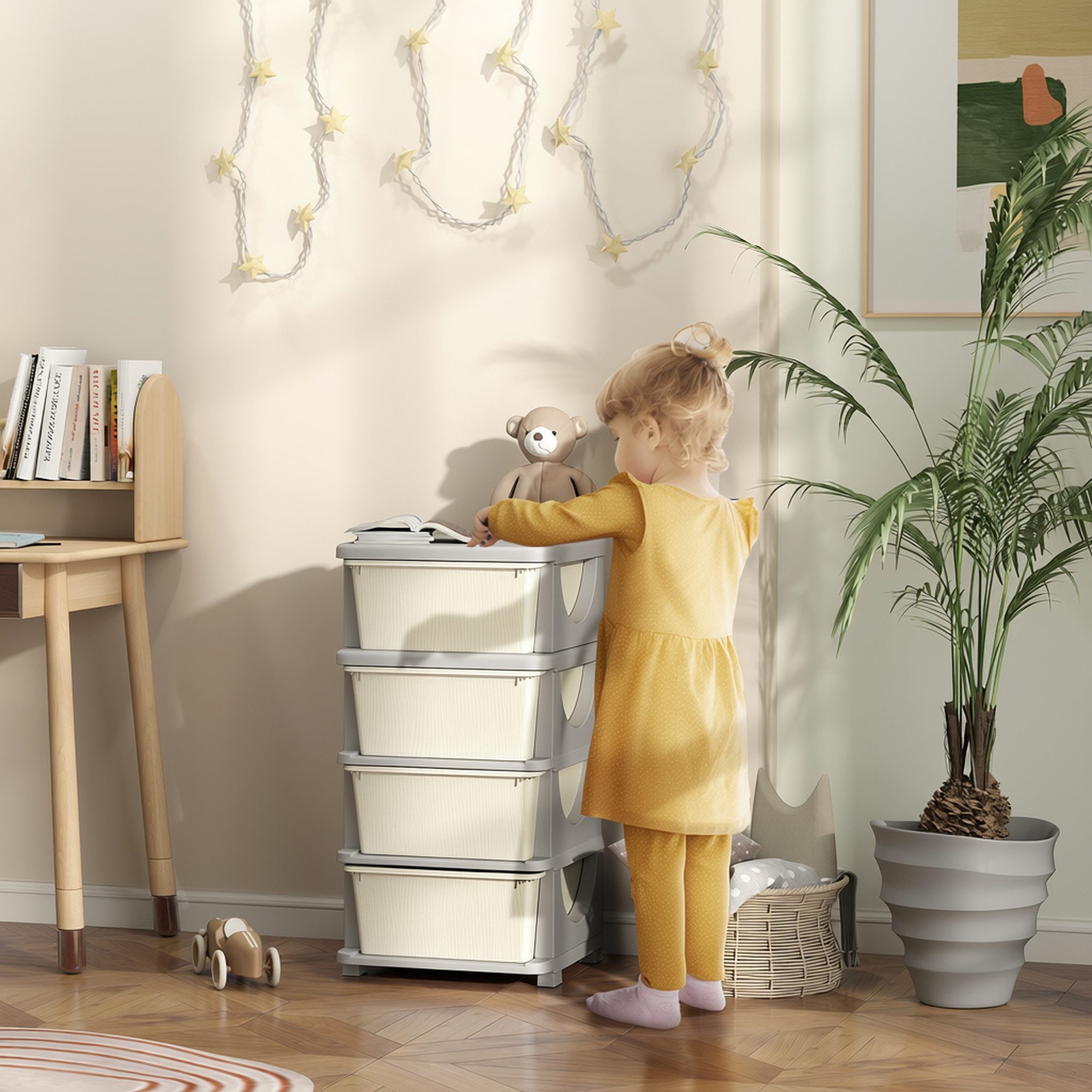 HOMCOM Spielzeugtruhe Schubladenschrank mit Stauraum, Spielzeugkiste, drei Ebenen (Spielzeugkiste, 1 St., Spielzeug-Organizer), für Kinderzimmer 3-6 Jahre Kindermöbel Cremeweiß 37 x 37 x 76 cm