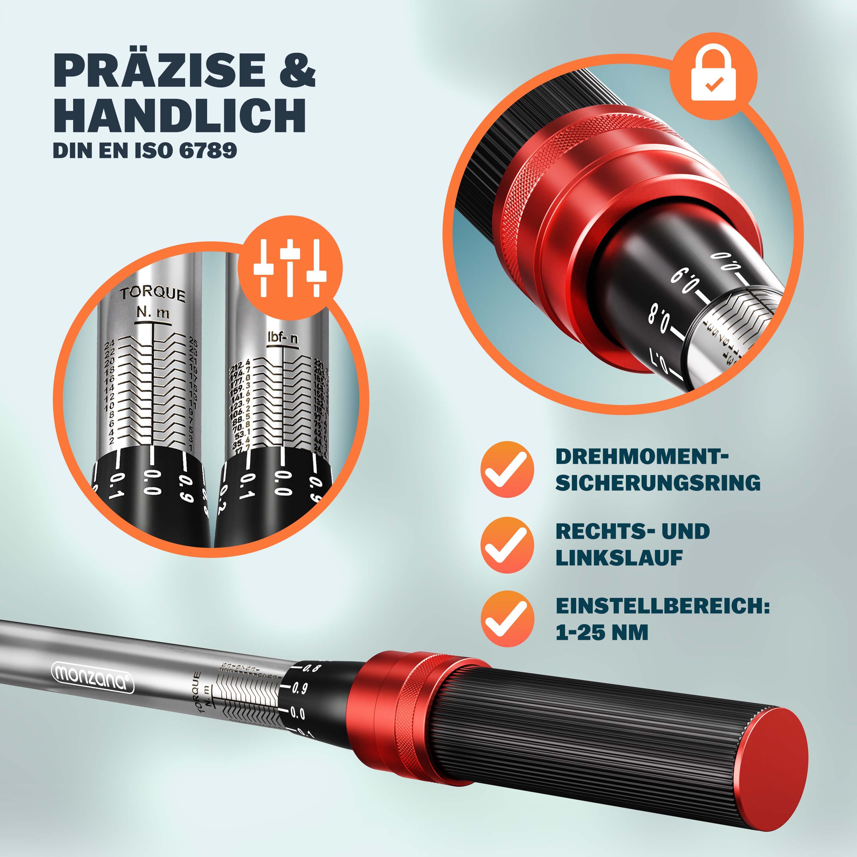 monzana Drehmomentschlüssel Monzana (18 St), 1/4" 1-25 NM ±3% Verlängerung Transportbox Fahrrad Motorrad Set – Bild 5 von 5