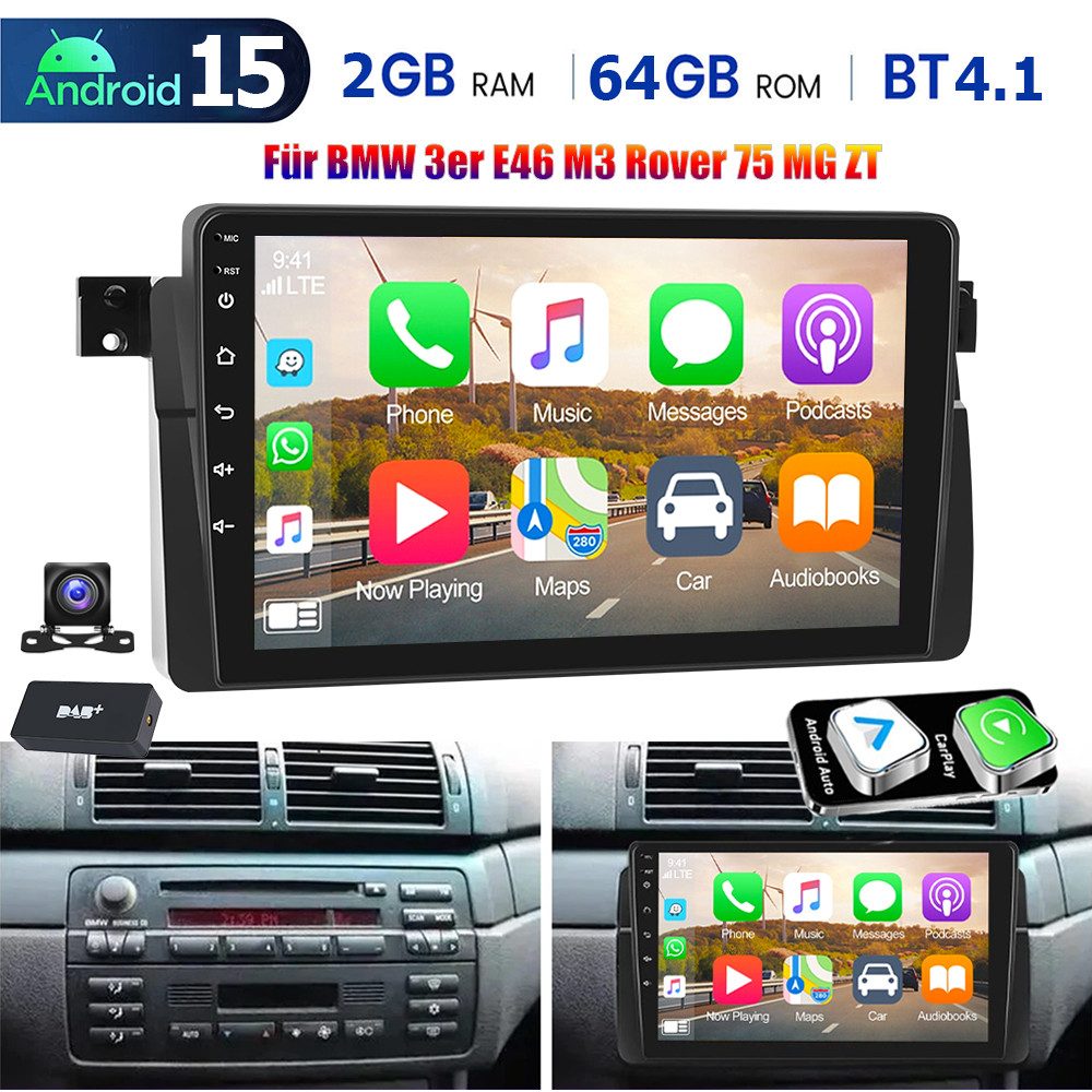 9" Android 15 Autoradio für BMW 3er E46 1998–2006 Wireless CarPlay GPS Autoradio