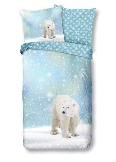 Bettwäsche Comfort Baumwolle, Traumschloss, Flanell, 2 teilig, Eisbär mit Schneeflocken, Winterlandschaft