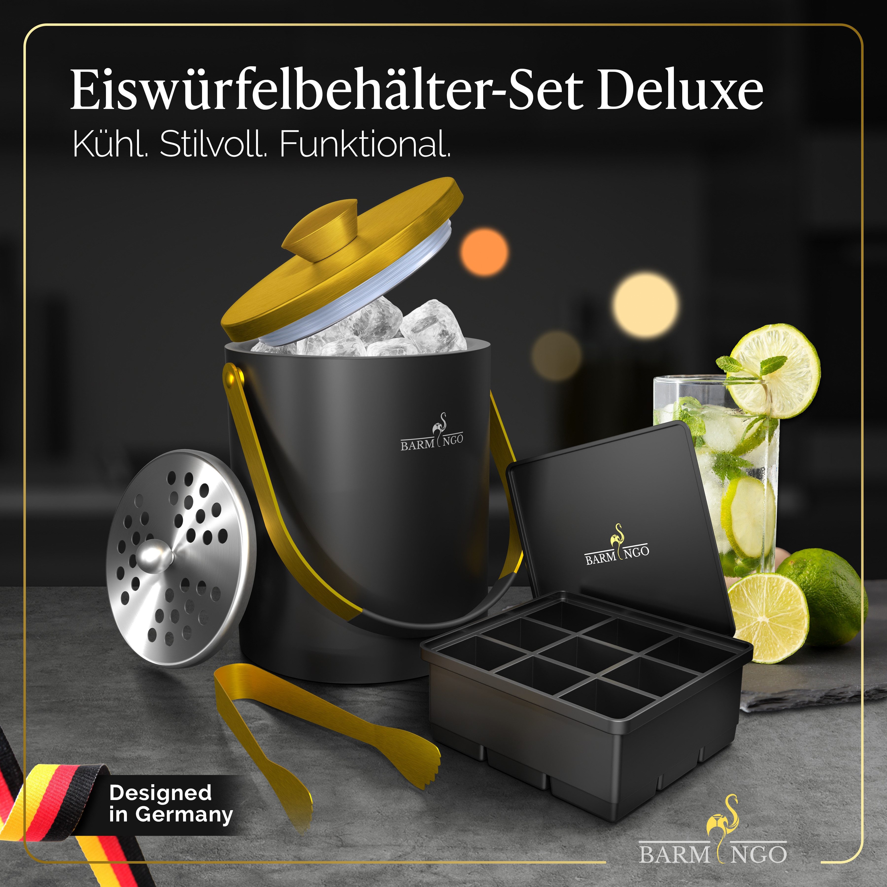 BARMINGO Eiswürfelbehälter mit Deckel (2 Liter), Edelstahl Eiskübel, (Eisbehälter Set, 3-tlg., 3 x 3 x 3 cm Eiswürfel, mit Sieb, Silikon Eiswürfelform & Zange), Eiseimer doppelwandig, isoliert, BPA-frei, Silikondeckel