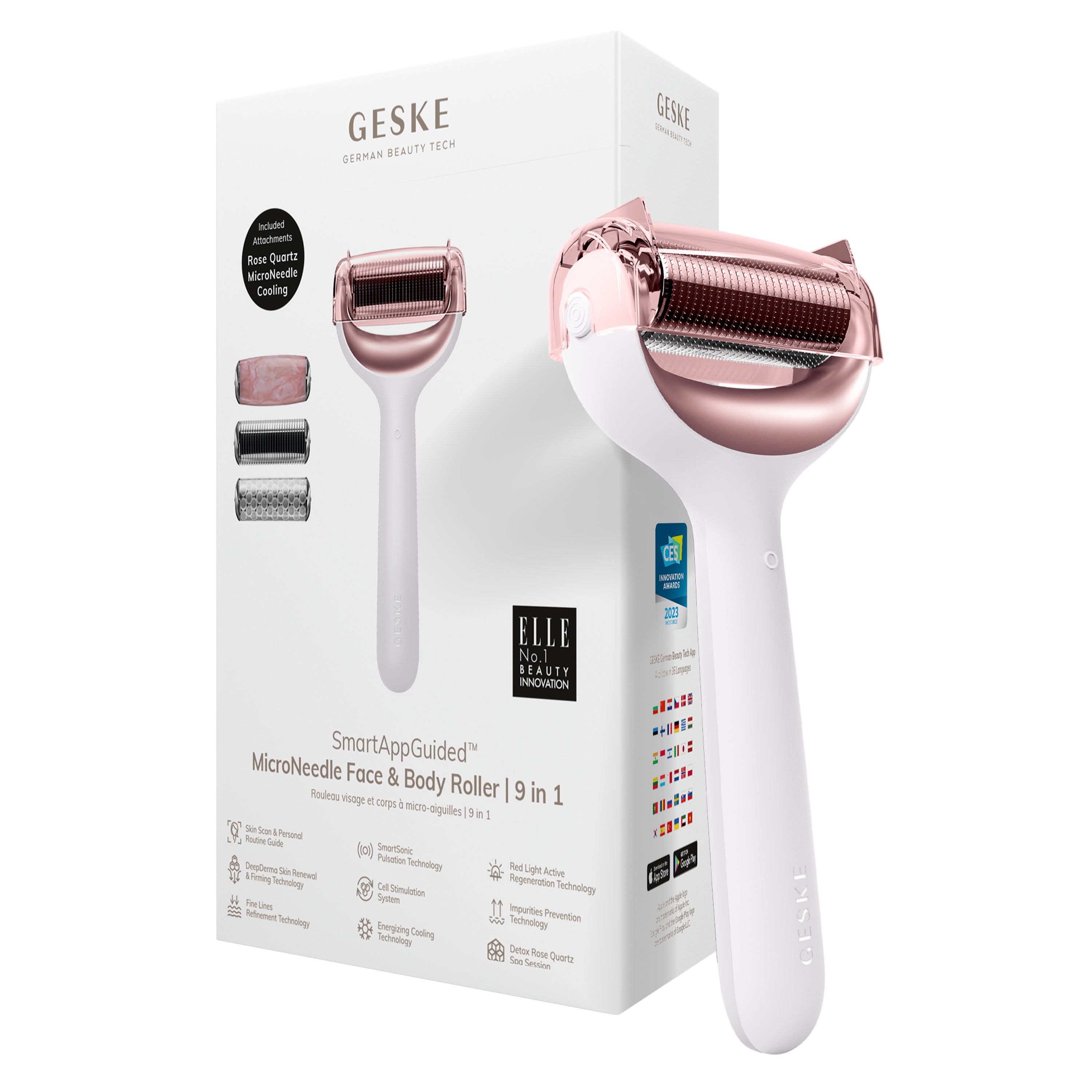GESKE German Beauty Tech Micro-Needling SmartAppGuided™ MicroNeedle Face & Body Roller 9 in 1, Packung (Gerät & USB-Ladekabel), 5-tlg., Gerät inkl. kostenloser APP (SmartAppGuided Device), Mit der GESKE App erhältst Du deine personalisierte Hautpflegeroutine.