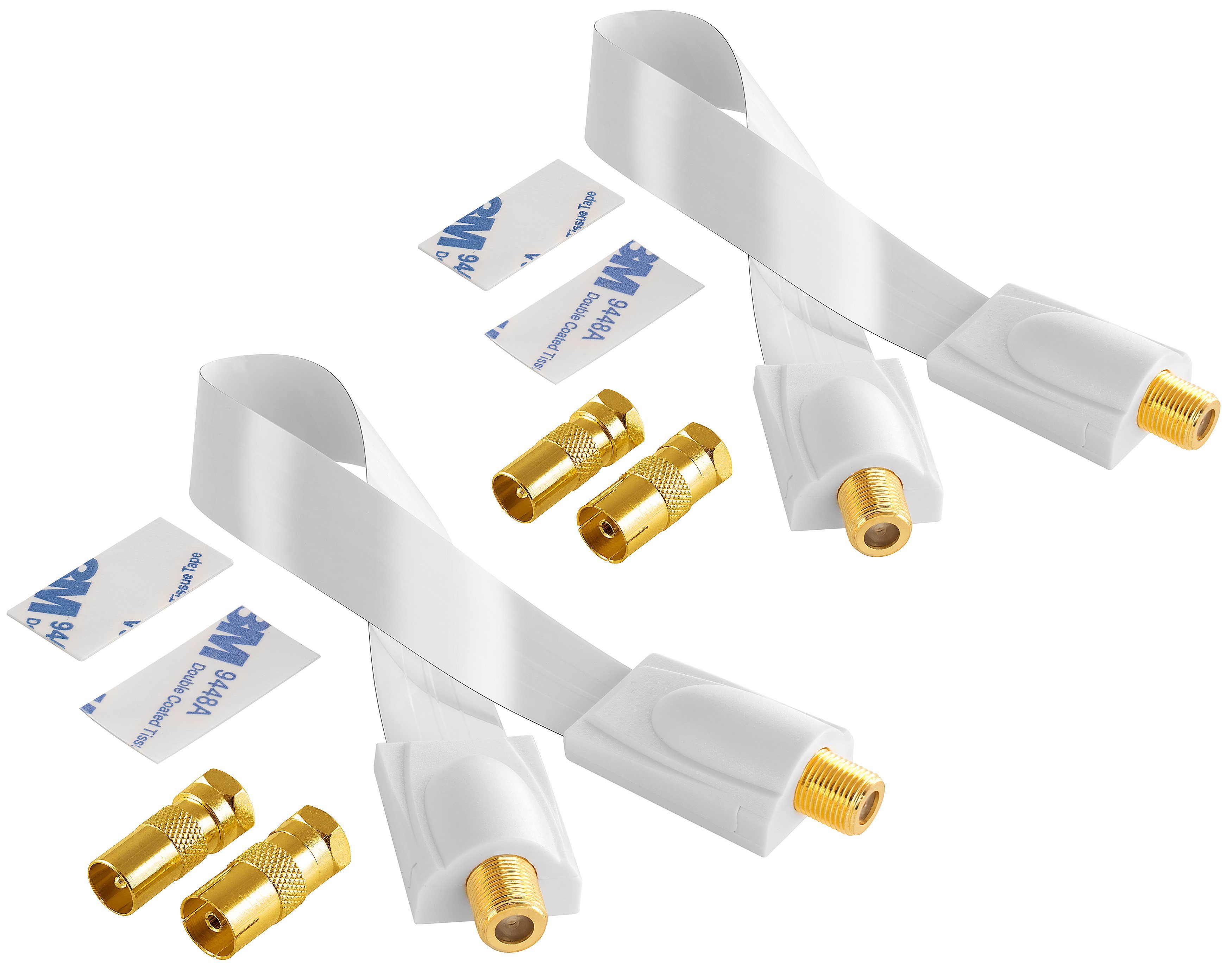 Poppstar SAT Fensterdurchführung (Koax Kabel flach 0,2mm) für Fenster & Türen SAT-Kabel, (28 cm), 4x F-Stecker (2 Antennenstecker, 2 Antennenbuchse), 4 Klebepads, weiß