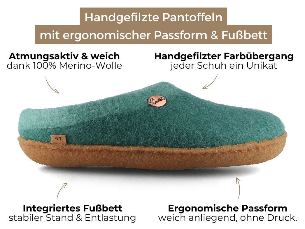 WoolFit Sherpa unisex Filzpantoffeln mit Gummisohle und Fußbett Hausschuh zweifarbig handgefilzt aus 100% Wolle