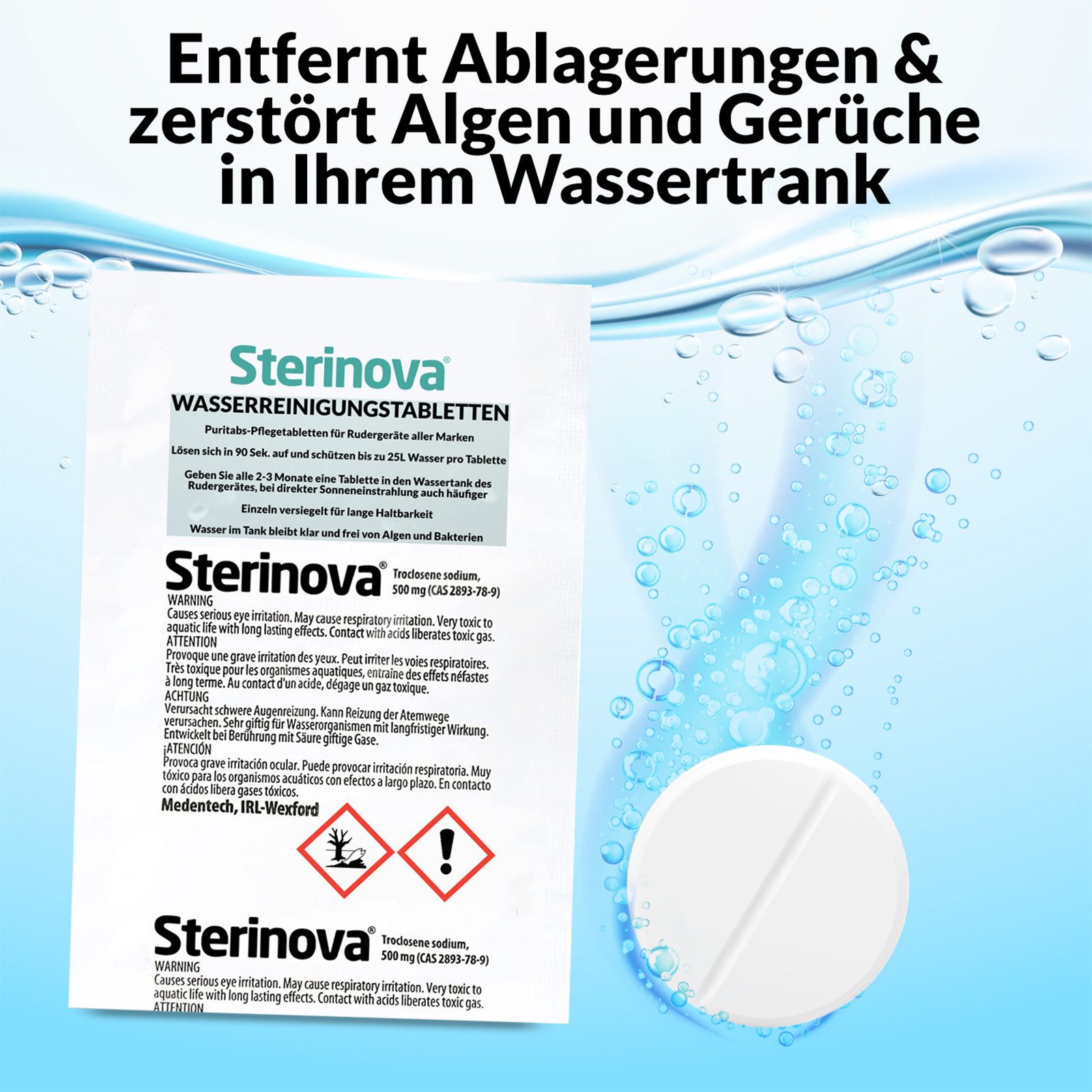JB White Chlortabletten JB White Puritabs Sterinova 6x Rudergerät Wasser Tabletten je 25L, Für Waterrower, tötet Bakterien und Algen, entkeimt Trinkwasser