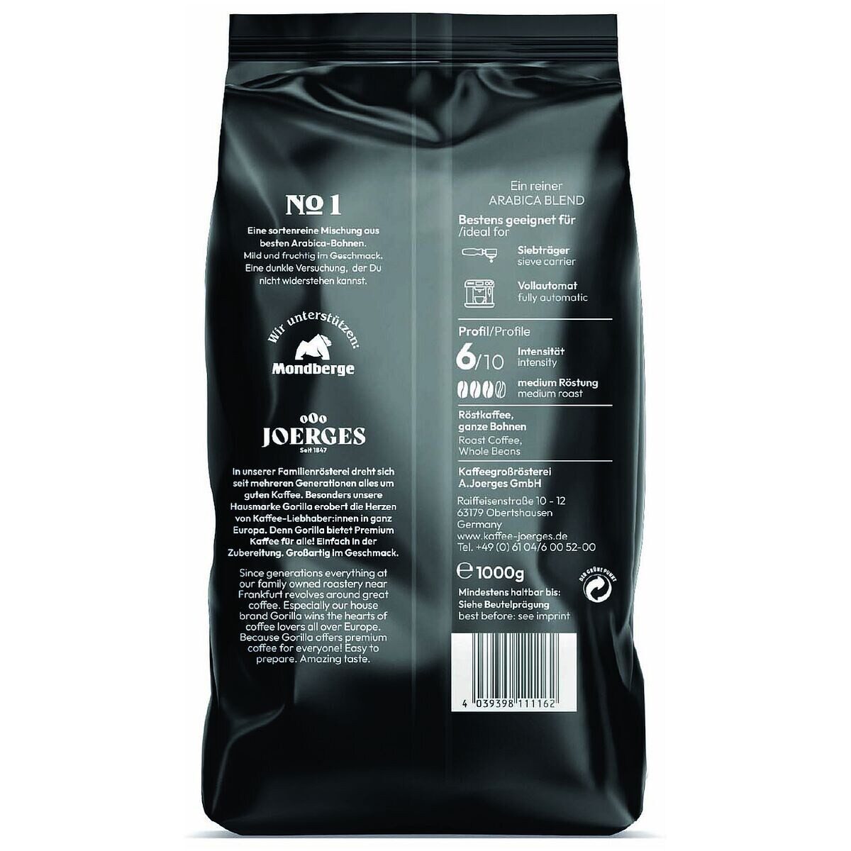 Gorilla Kaffee Espresso Crema No. 1, 1 kg, ganze Bohnen