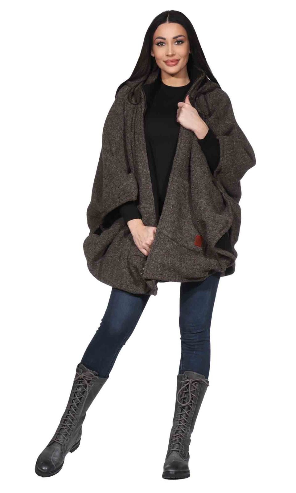 KUNST UND MAGIE Strickcape Damen Strickponcho Cape Mantel Wolle mit Zipfelkapuze & Fleecefutter