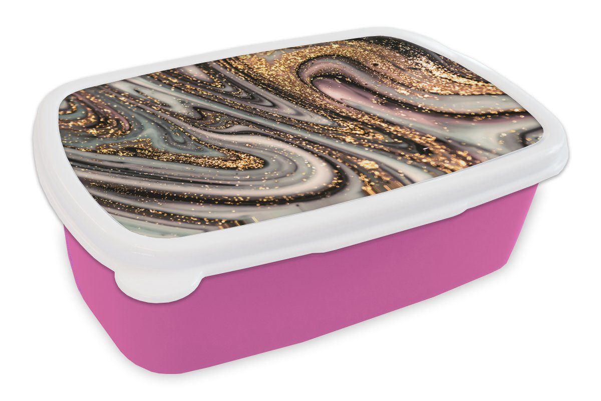 MuchoWow Lunchbox Marmoroptik - Gold - Glitter - Luxus - Marmor - Weiß, Kunststoff, (2-tlg), Brotbox für Erwachsene, Brotdose Kinder, Snackbox, Mädchen, Kunststoff rosa