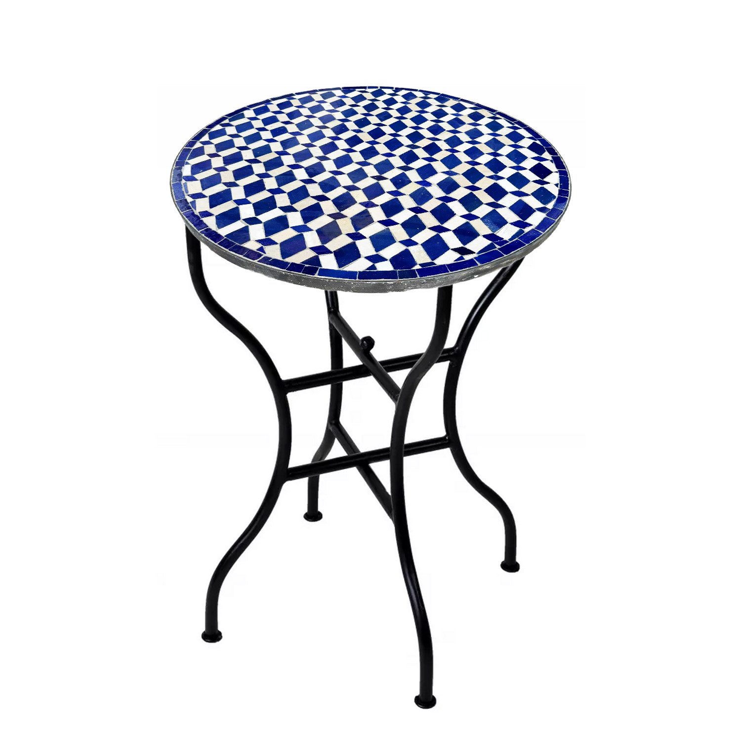 Marrakesch Orient & Mediterran Interior Gartentisch Marokkanischer Mosaiktisch Moro Blau-Weiß modern aus Keramik 60 cm, Handarbeit