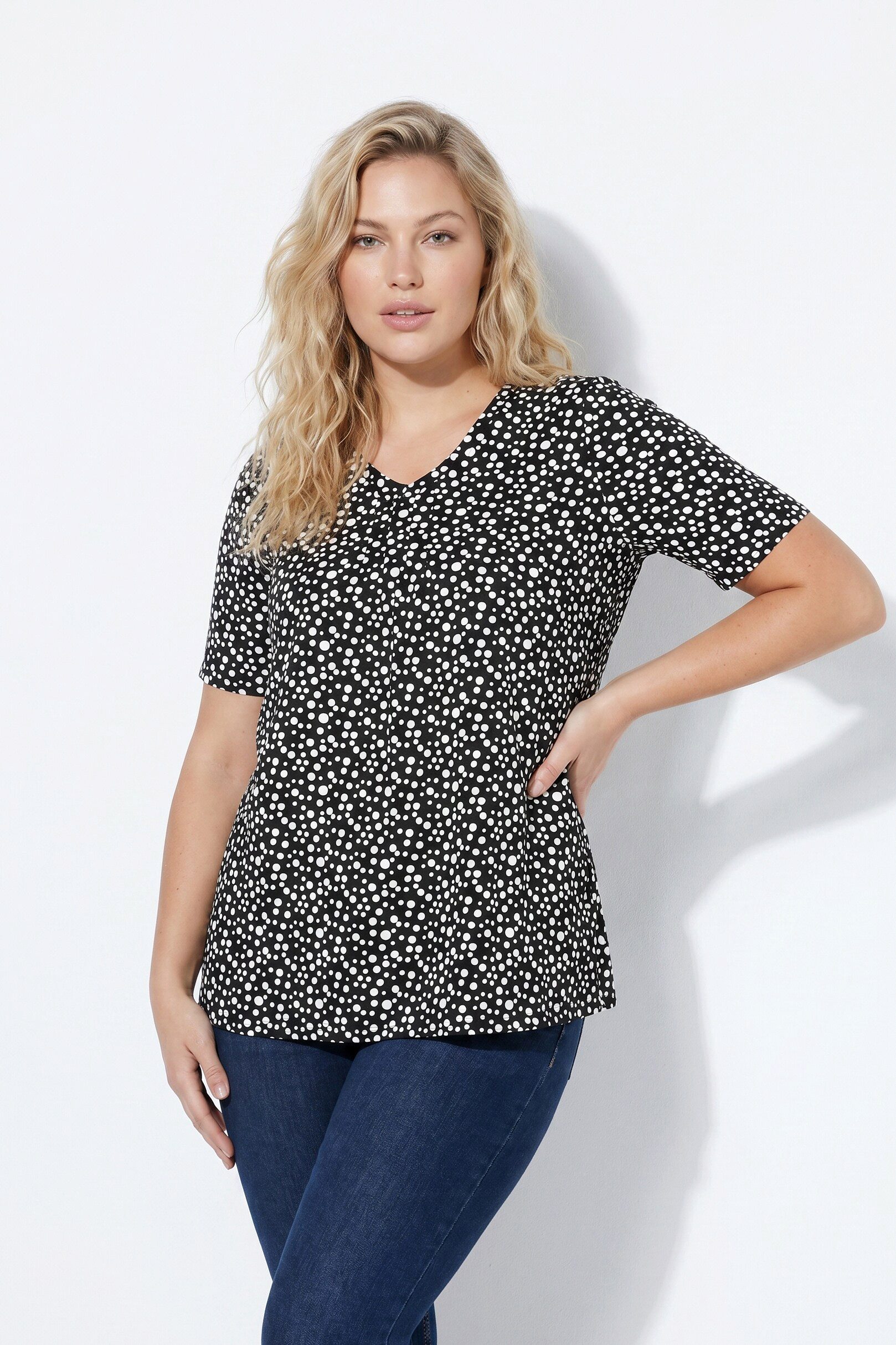 Ulla Popken T-Shirt T-Shirt bedruck A-Linie V-Ausschnitt Halbarm