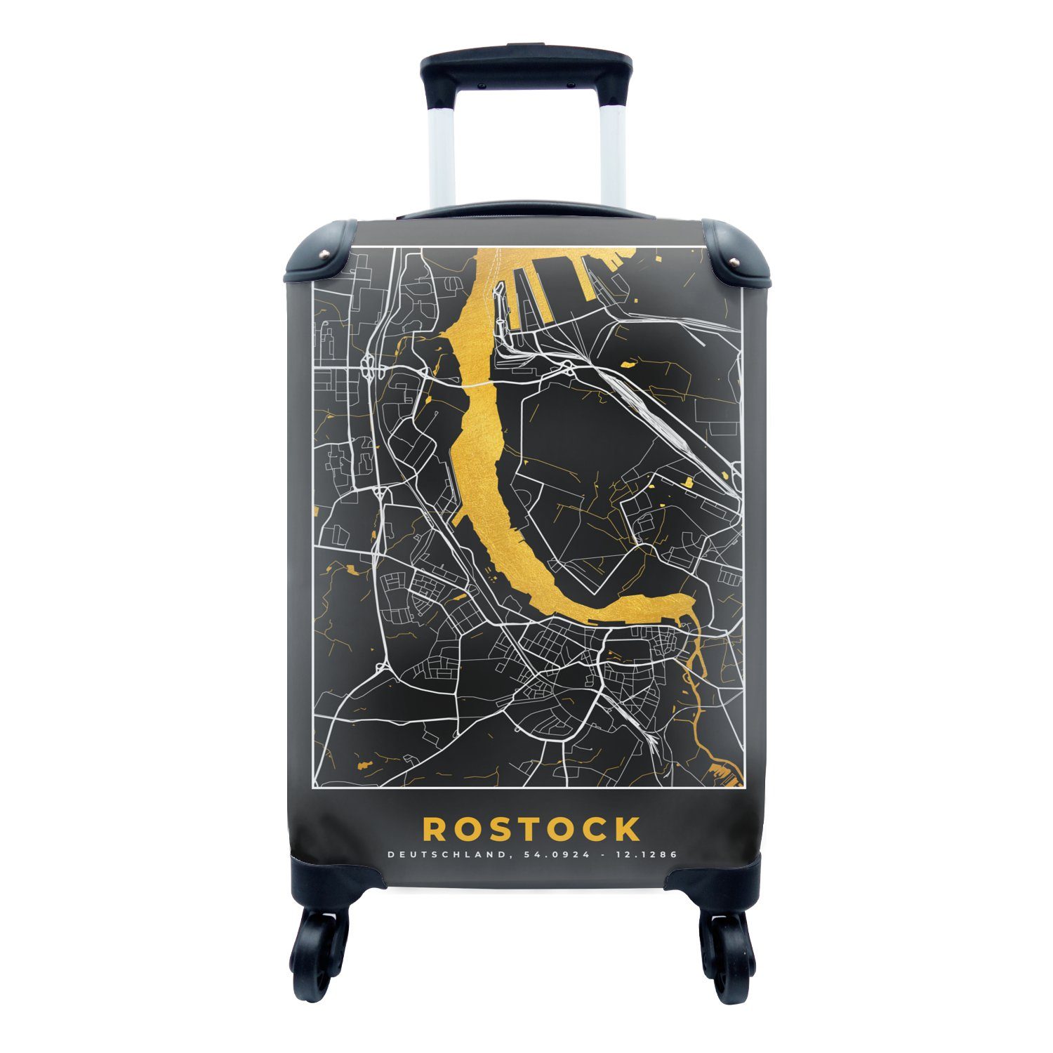 MuchoWow Handgepäckkoffer Rostock - - Reisetasche Reisekoffer - Rollen, - Ferien, rollen, Deutschland, für Stadtplan Trolley, Gold Handgepäck mit 4 Karte