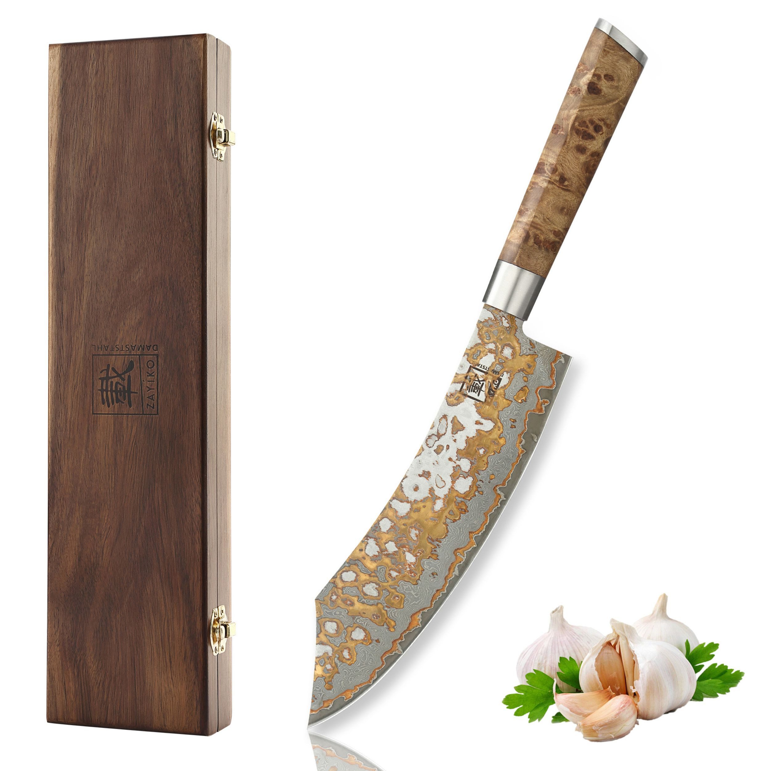 ZAYIKO Fleischmesser MysticMagma Blockmesser Küchenmesser 20cm Kupfer-Bronze-Damastklinge, Damaststahl, Kupfer-Bronze-Einlage