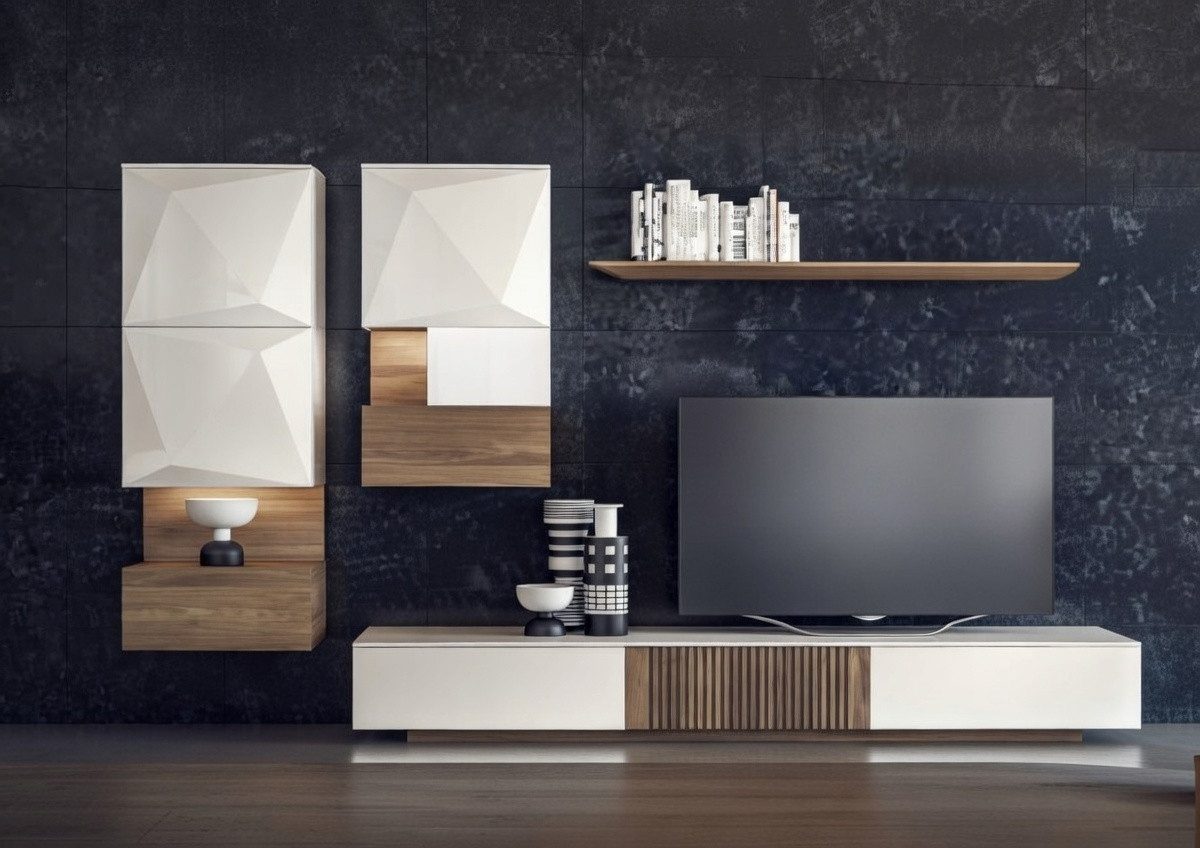 Xlmoebel Sideboard Luxus Wohnwand Walnuss natur mit TV-Ständer und Wandregalen (Wohnwand, TV-Ständer mit Schrank und 2 Wandregalen), Made in Europa