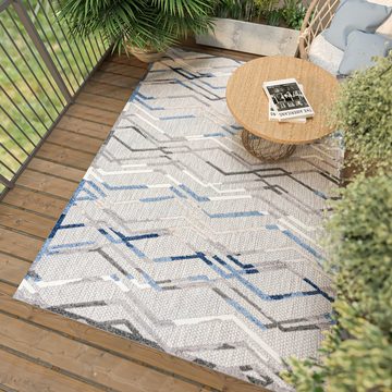 Designteppich In- & Outdoor Teppich Wetterfest & UV-beständig Balkon - Blau Grau, Mazovia, 80 x 150 cm, Höhe 6 mm, Kurzflor - niedrige Florhöhe, Weich, Pflegeleicht, Flachgewebe