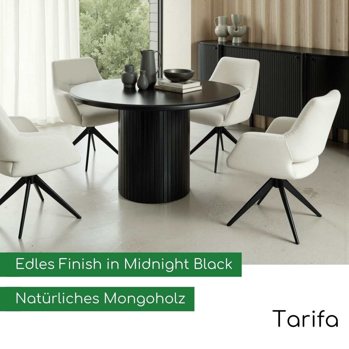 CASA DOMA Esstisch Tarifa, rund, schwarz, Mangoholz massiv, Säulenfuß, Lamellen-Optik, Platz für 6 bis 8 Personen, H/D: 76x130 cm