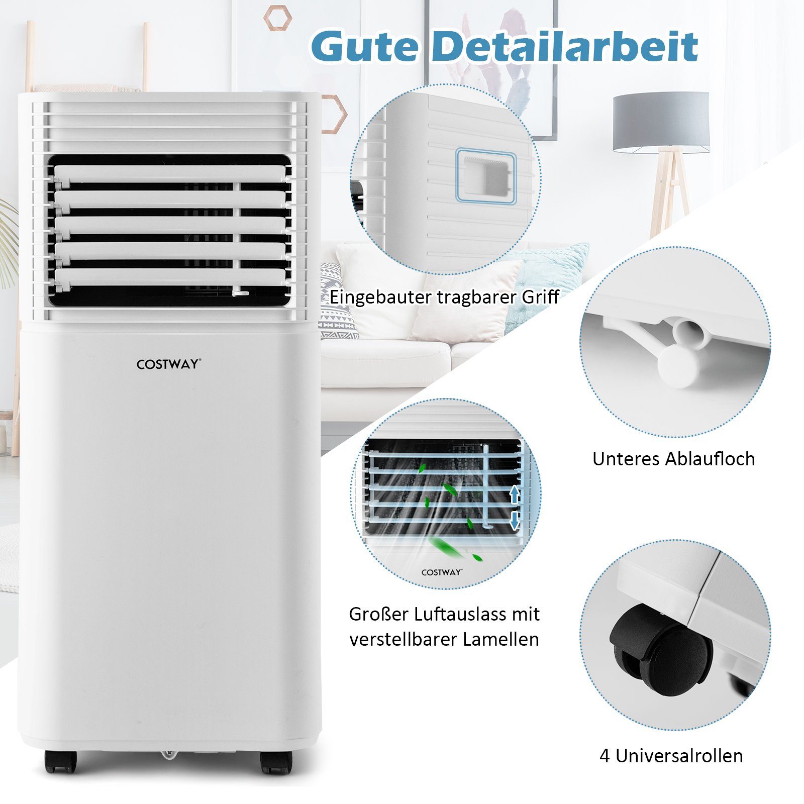 COSTWAY 3-in-1-Klimagerät, Weiß+Schwarz Fernbedienung, für 9000BTU/2,6kW, 16℃-32℃ 52m³