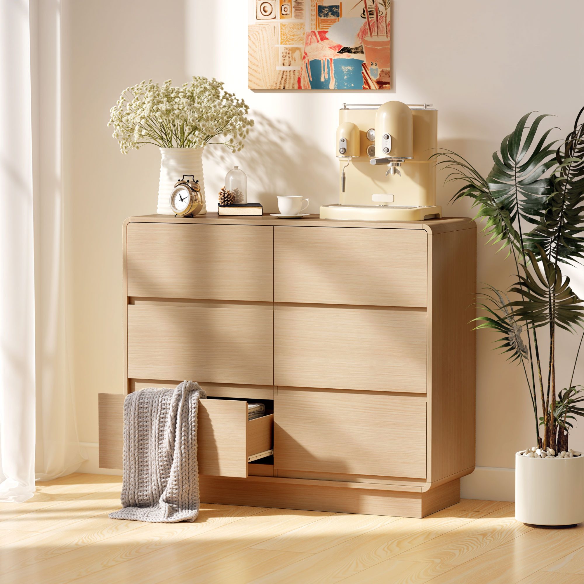 HOMCOM Sideboard Beistellschrank Küchenschrank 6 Schubladen abgerundete Kanten (Kommode, 1 St., 100 cm Aufbewahrungsschrank), für Wohnzimmer, Küche, Esszimmer, 100 x 38 x 86 cm, Naturholz