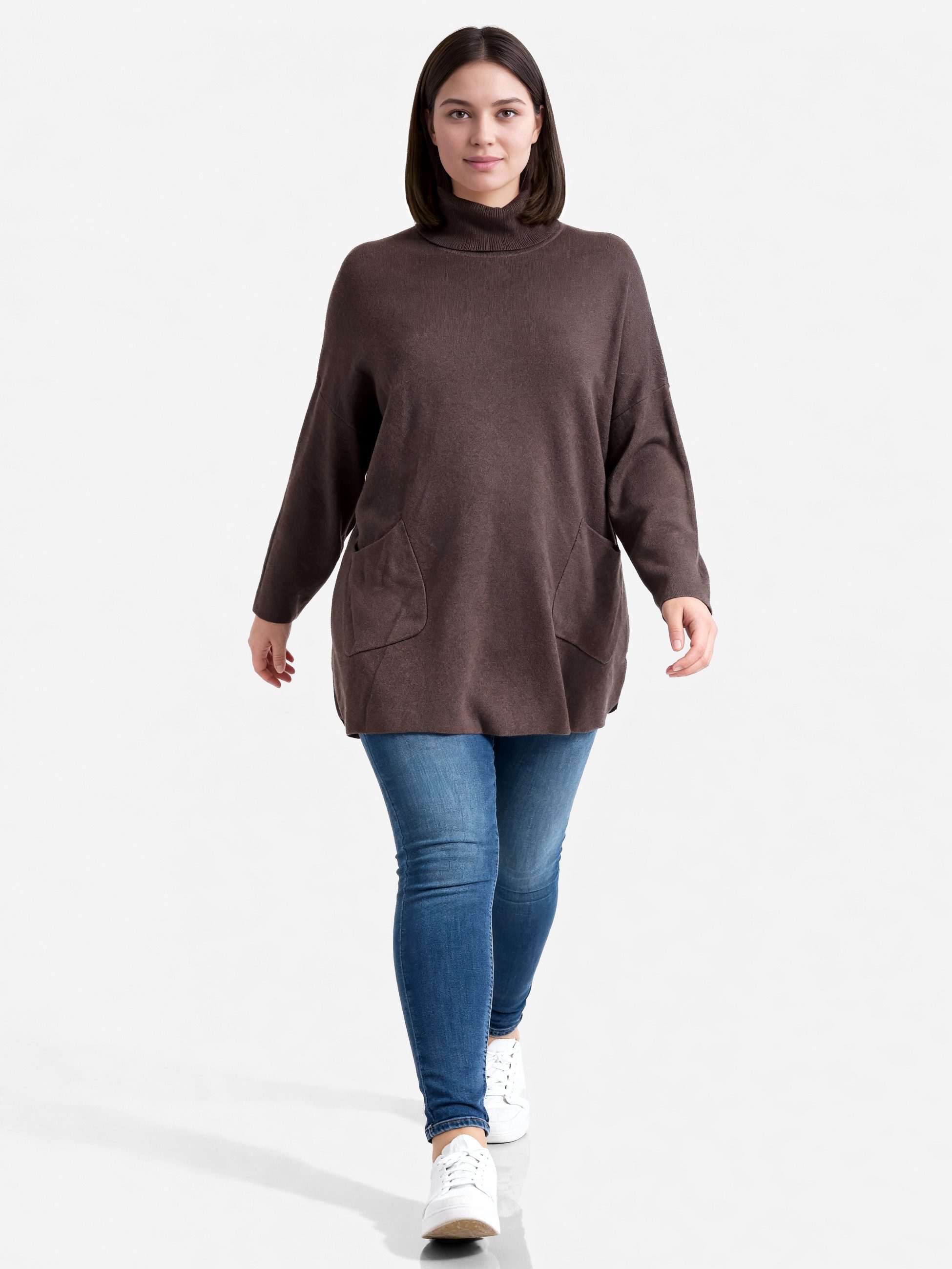 PEKIVESSA Longpullover Stricktunika mit Rollkragen Zwei aufgesetzte Taschen