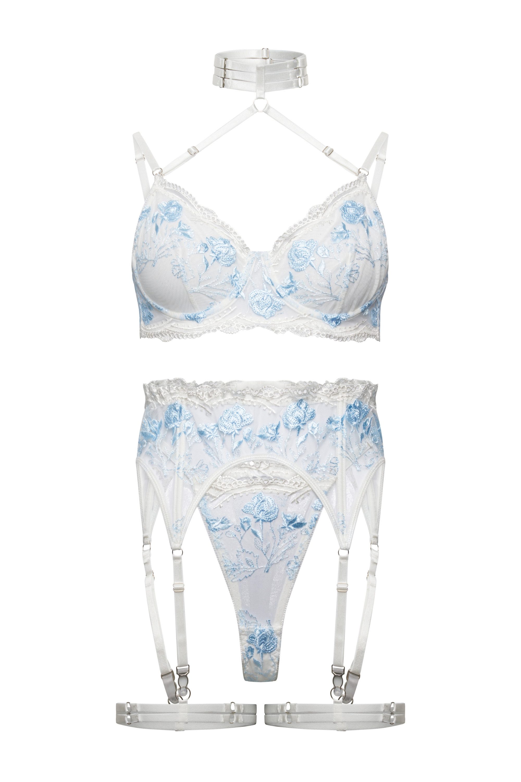 Elegant Love Set: Bügel-BH Sexy Damenwäsche-Set aus Spitze – Blumenstickerei Dessous-Set (Set, 3-tlg., BH mit Neck-Strap, Strumpfhalter, Tanga) Luxury Lingerie für besondere Momente – Elegante Reizwäsche