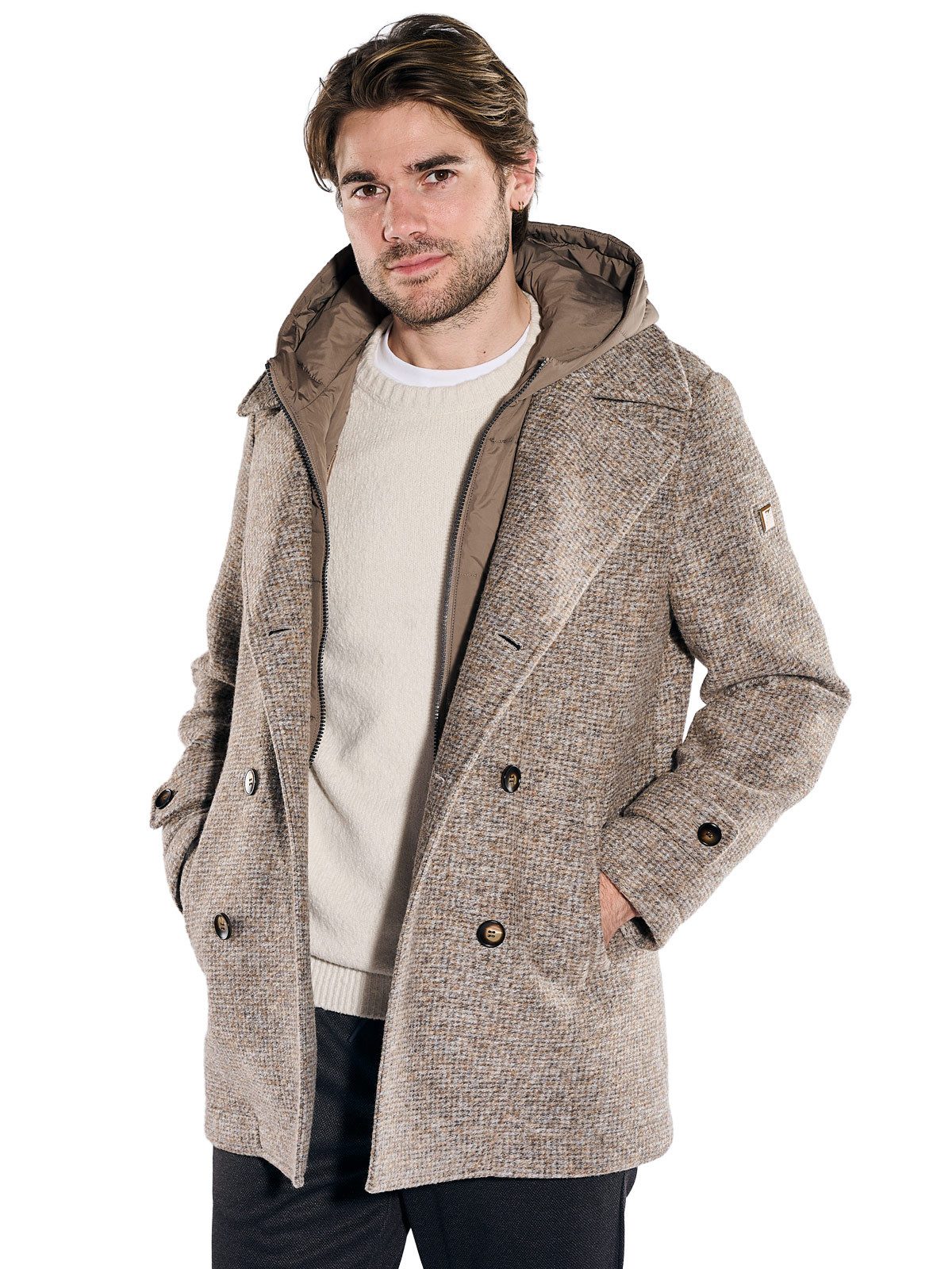 emilio adani Langjacke Herren Zweireiher Cabanjacke mit abnehmbarer Kapuze, Sand