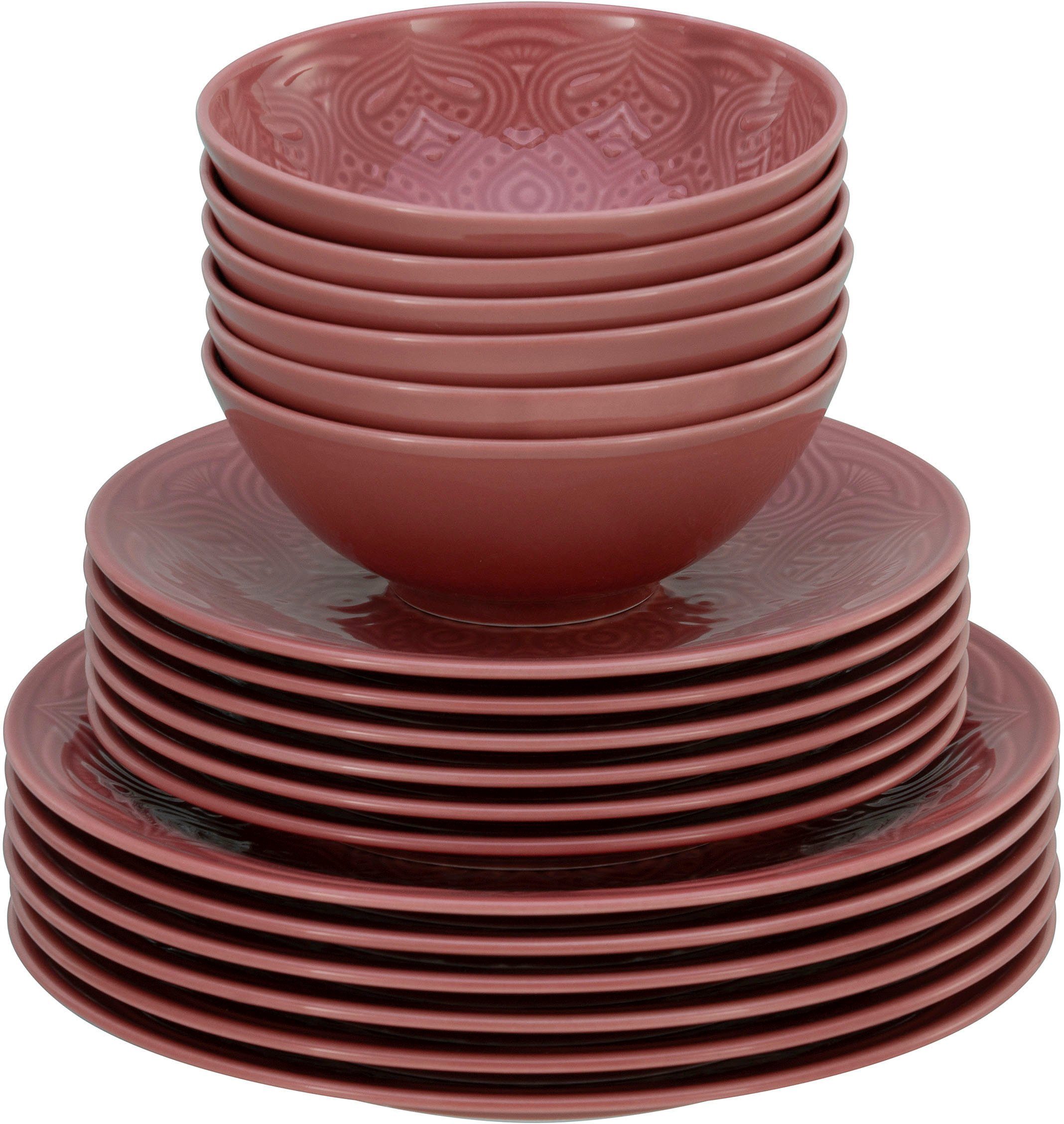 CreaTable Teller-Set Orient Mandala Schalen 6 Speiseteller, im (18-tlg), Dessertteller Set rot Personen, Porzellan, und