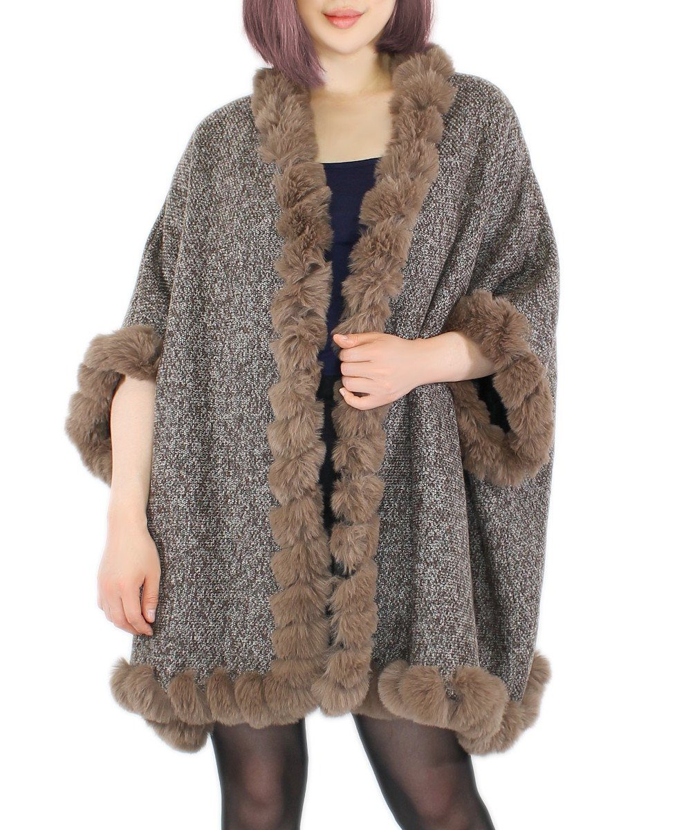 dy_mode Poncho Damen Poncho mit Innenfutter und Kunstfell in Unifarben und Meliert mit Innenfutter PN003-Braun