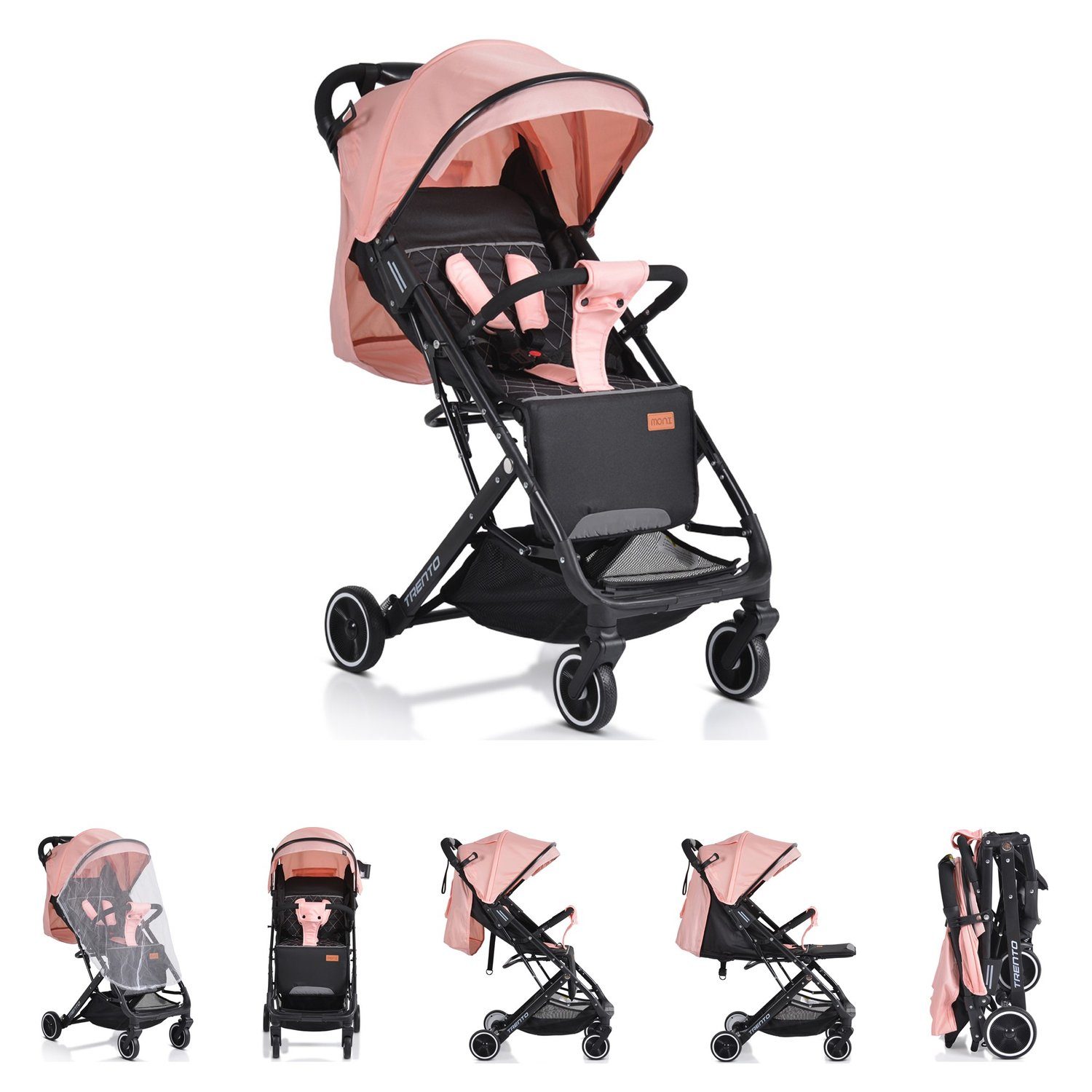 Moni Moskitonetz Trento, faltbar Buggy Hinterradbremse rosa Kinder-Buggy Kinderwagen Getränkehalter