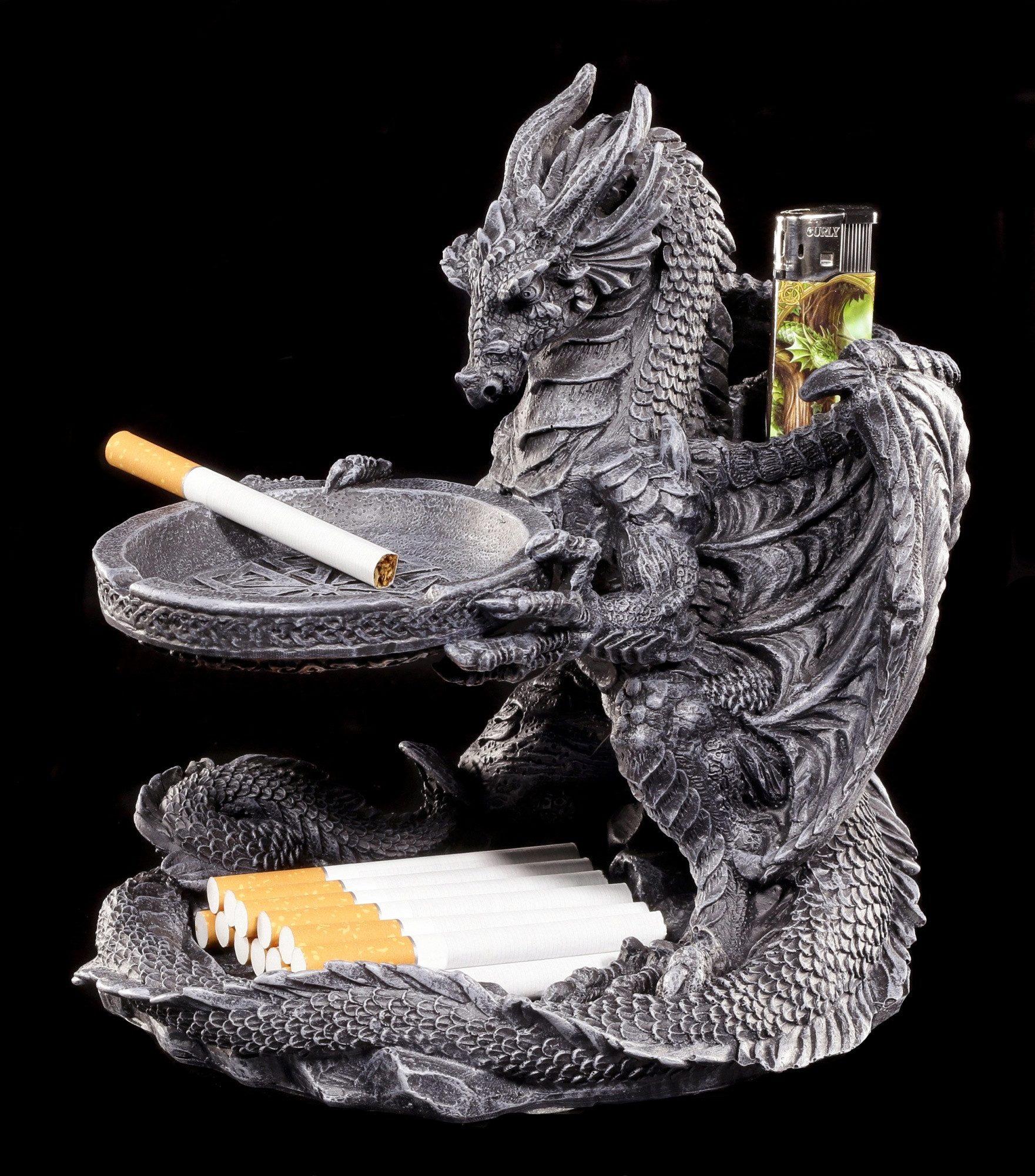 Figuren Shop GmbH Aschenbecher Schwarzer Drache Aschenbecher – Gothic Fantasy Figur Deko 19 cm Ascher