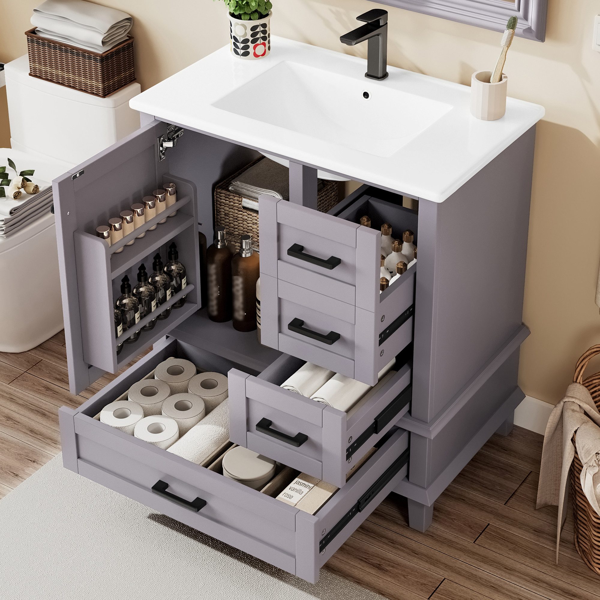 Furnishings Home Waschbeckenunterschrank Bodenstehender Badezimmerschrank mit integriertes Keramikwaschbecken (1-St) Mit drei geräuschlose Schubladen 76x46x83,5cm weiß Grau