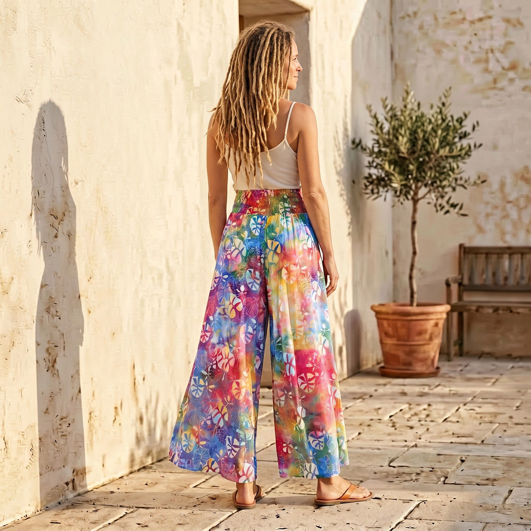 Guru-Shop Relaxhose Palazzohose mit breitem Bund, Wachsbatik.. alternative Bekleidung