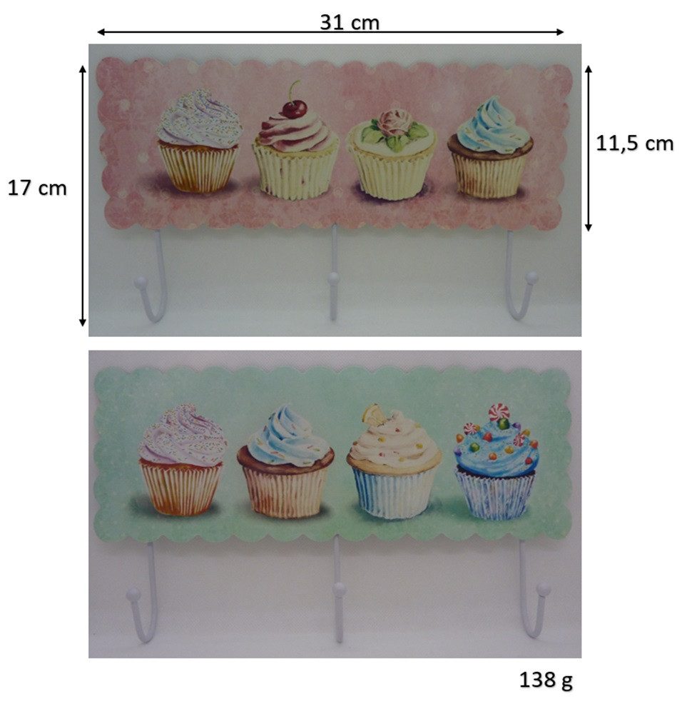 Gisela Graham Wandhaken Metall-Hakenleiste Cup Cake, 3 Haken, Rosa o. Mint (zufällige Auswahl), (1 x Hakenleiste aus Metall, Rosa oder Mint (zufällige Auswahl)