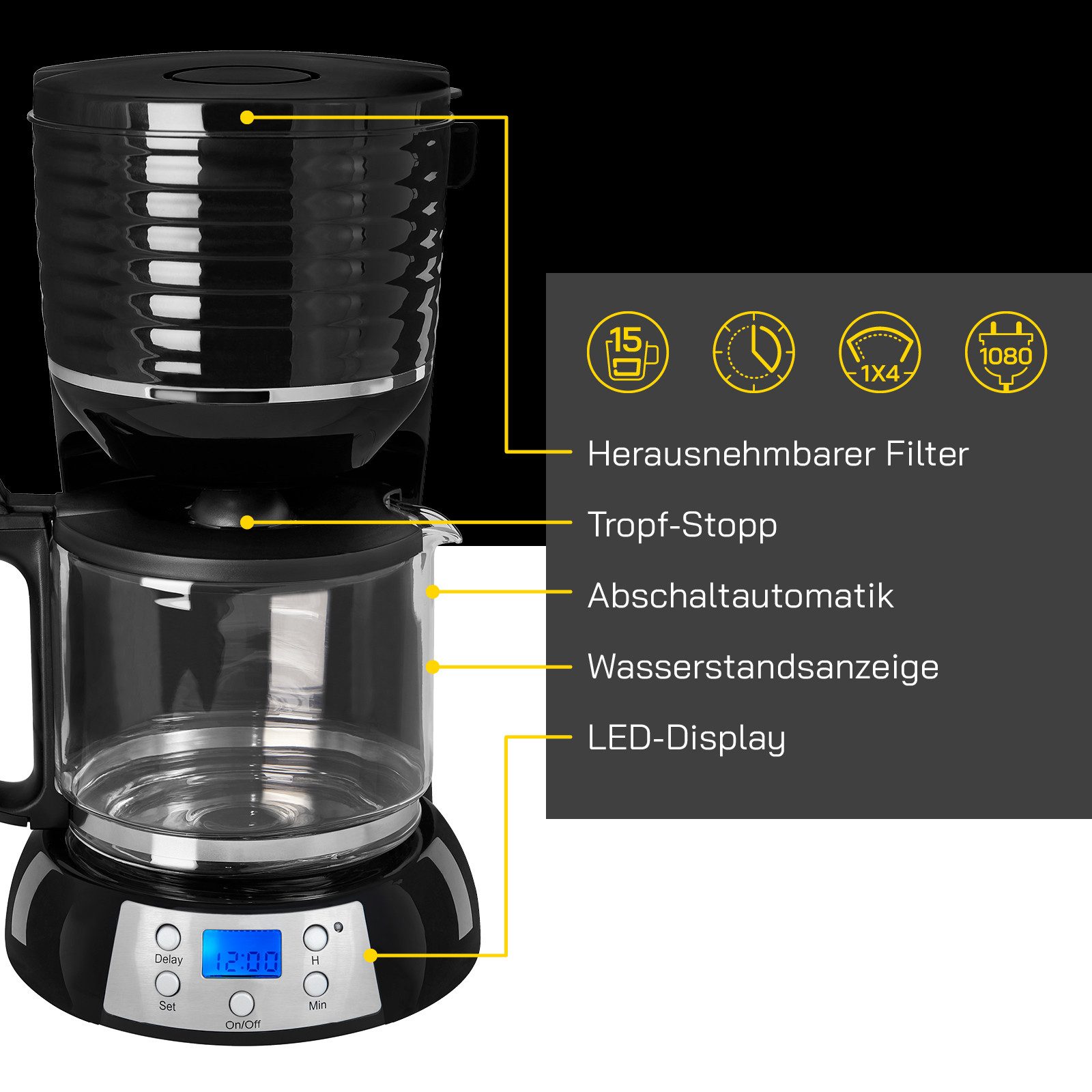 Gutfels Filterkaffeemaschine COFFEE 3300 C, 1,5l Kaffeekanne, Papierfilter 1x4, 1,50 L Glaskanne, 1080 Watt