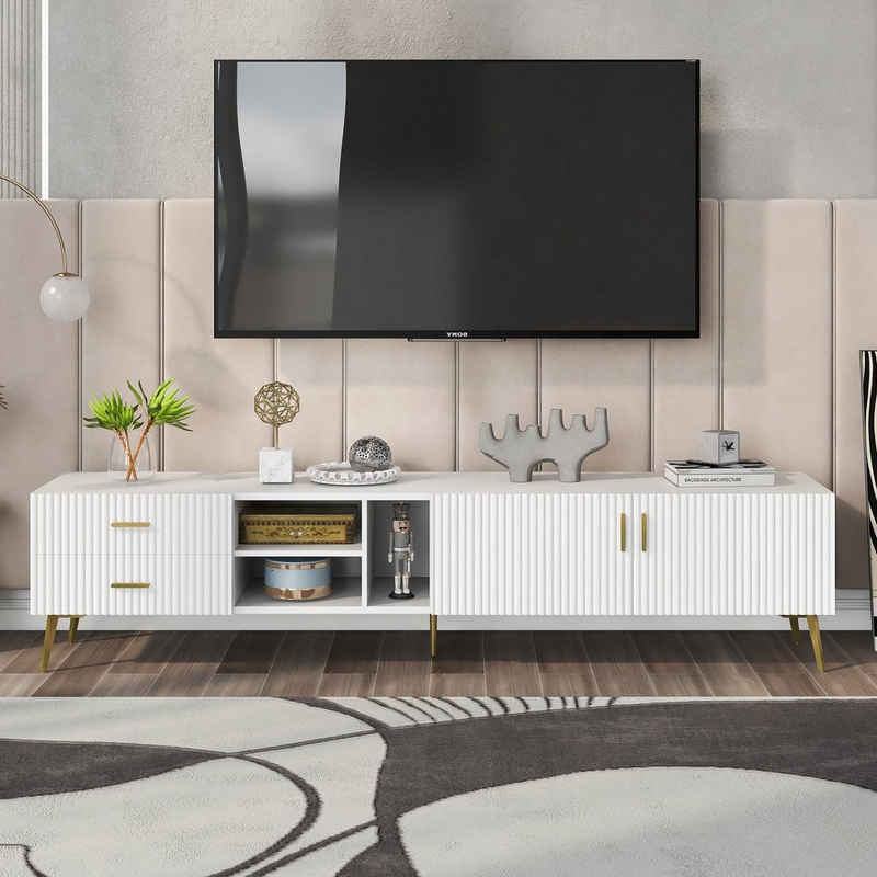 Merax Lowboard Holz mit 2 Schubladen und 2 Türen, TV-Schrank mit goldenen Metallbeine, TV-Board mit großem Stauraum, belastbar bis 50kg