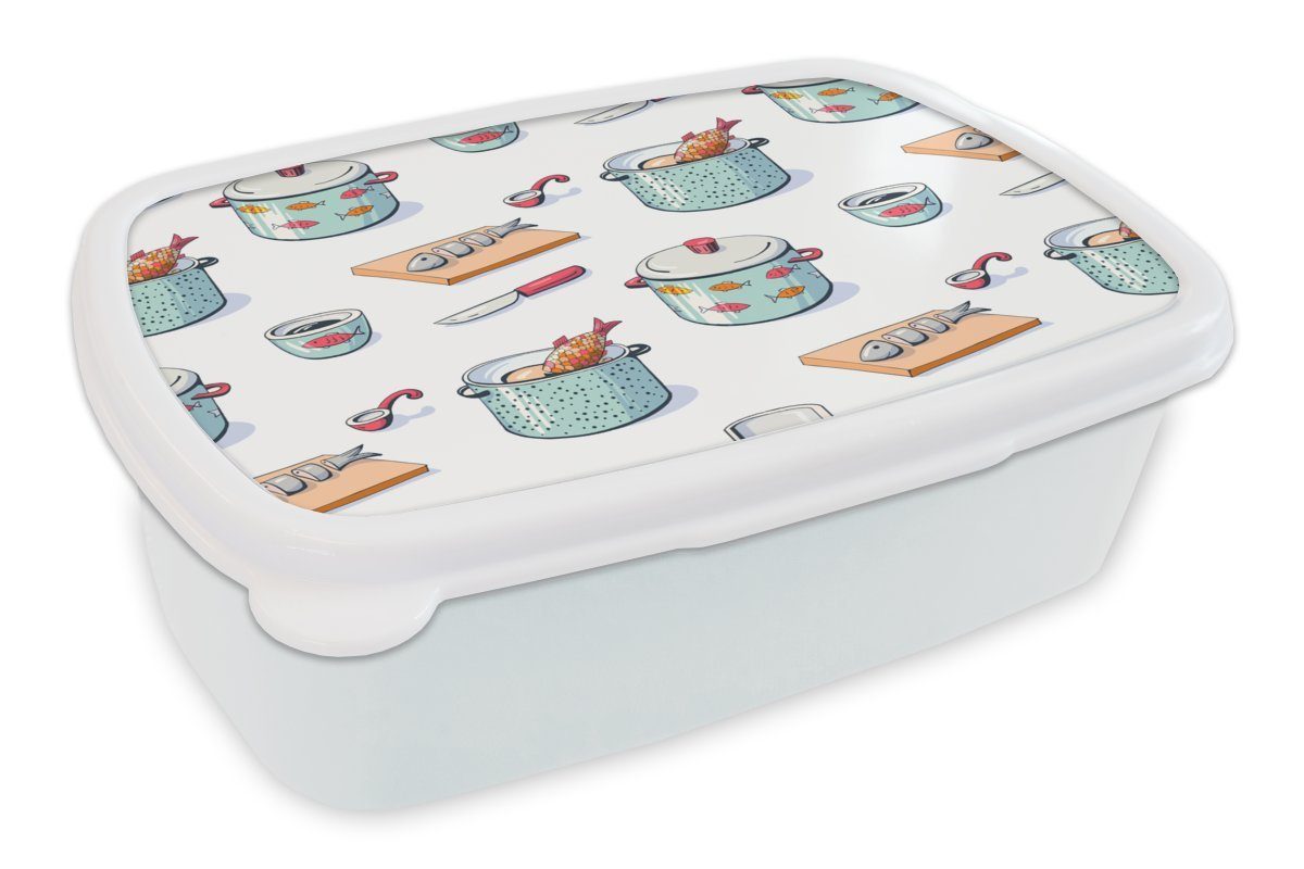 MuchoWow Lunchbox Muster - Kochen - Fisch - Pfanne, Kunststoff, (2-tlg), Brotbox für Kinder und Erwachsene, Brotdose, für Jungs und Mädchen weiß
