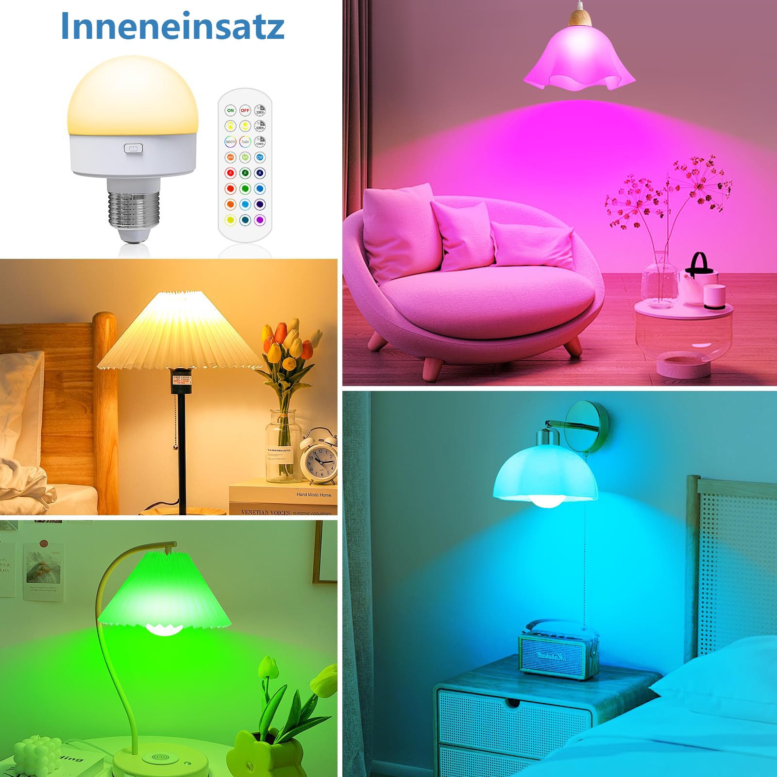 MUPOO LED-Leuchtmittel Glühbirne mit Fernbedienung,4w, E27, E26, 1 St., 15 Farbtemperaturen,USB/Batteriebetriebene,Timer,IP44