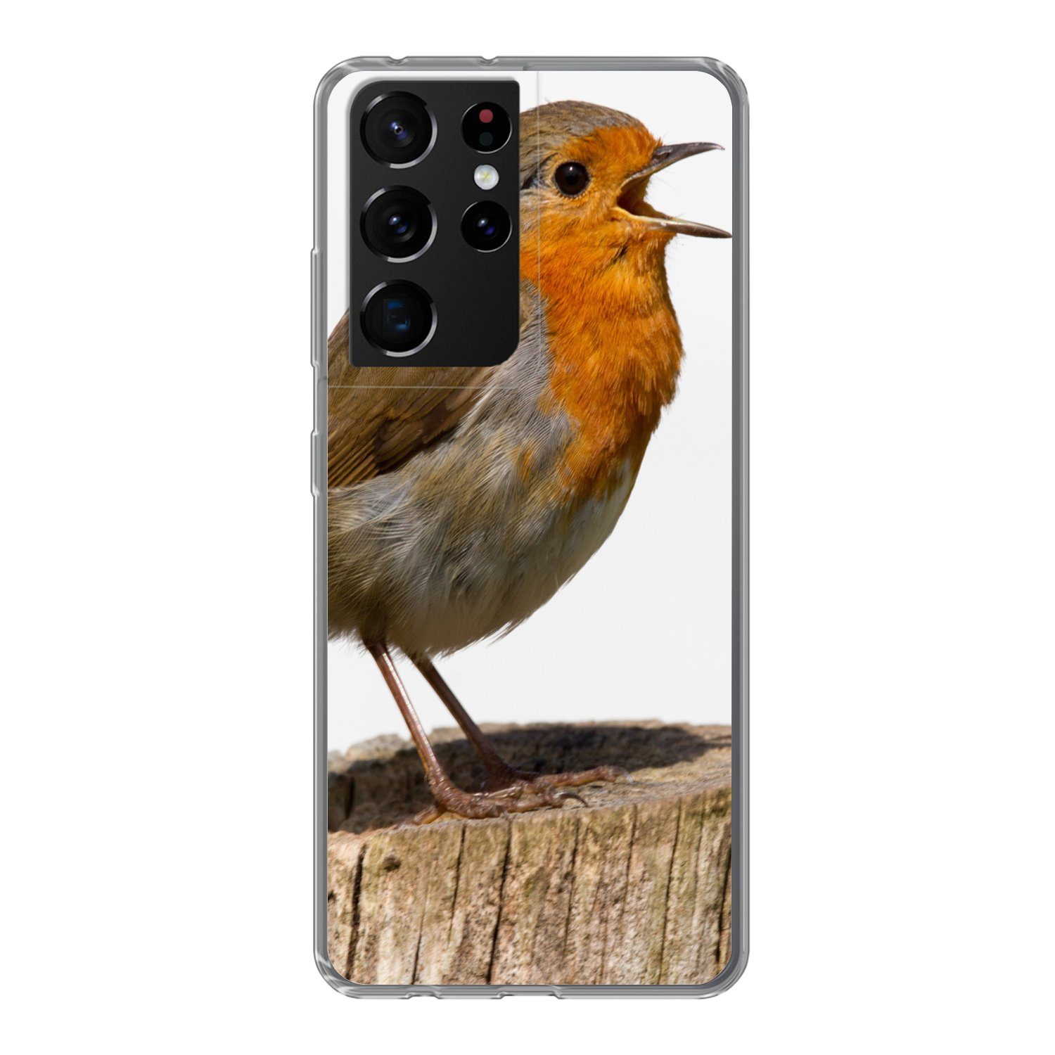 MuchoWow Handyhülle für Samsung Galaxy S21 Ultra Rotkehlchen - Vogel - Holz, Phone Case, Silikon, Schutzhülle Dünn