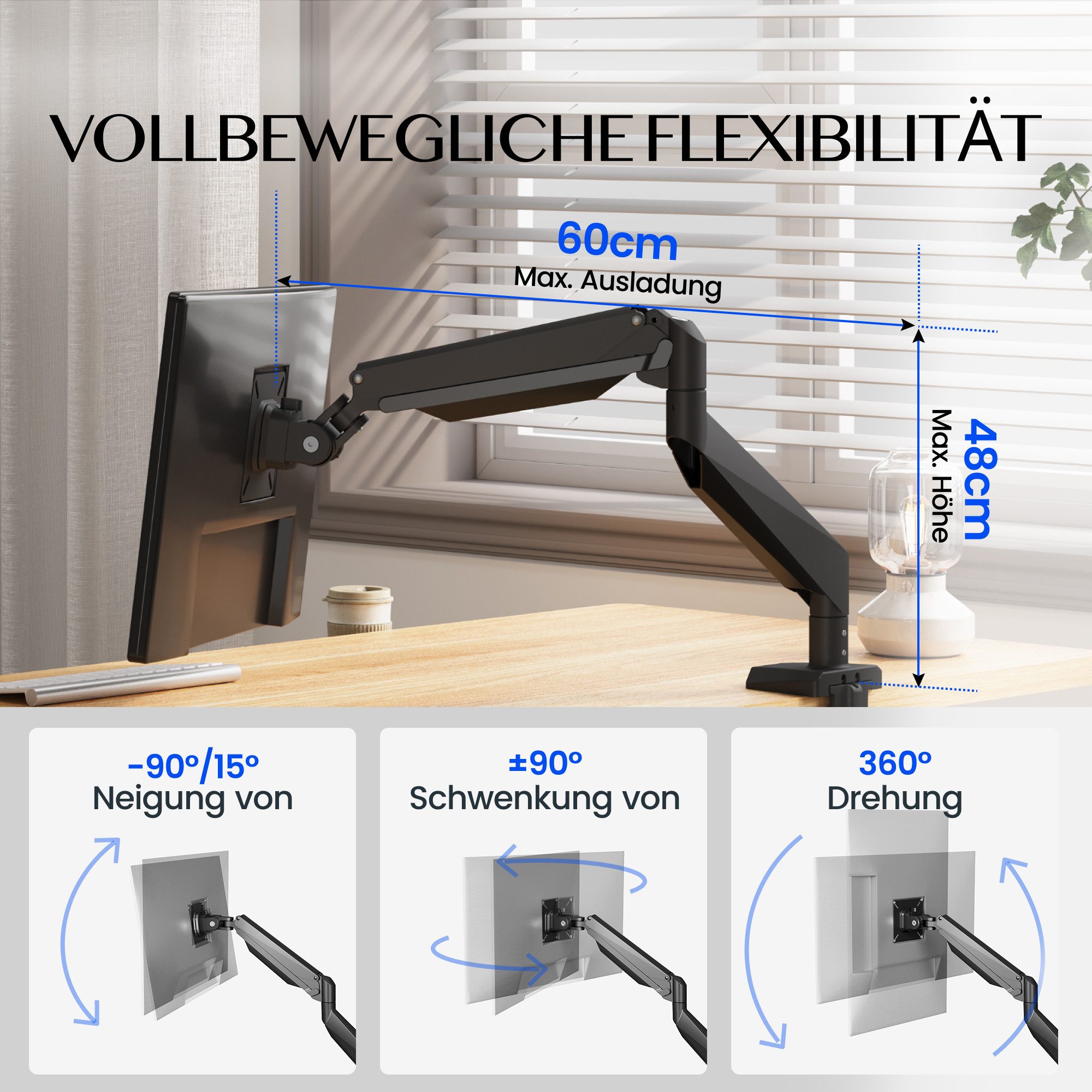 FLEXISPOT Monitorständer Ergonomische Monitorhalterung für Schreibtisch, flexibel verstellbar, (bis 39 Zoll, VESA 75/100 mm kompatibel, 1-tlg., erweiterter Verstellbereich bis 48 cm Höhe und 60 cm Auszug, 360° drehbar, bis 12 kg je Arm)