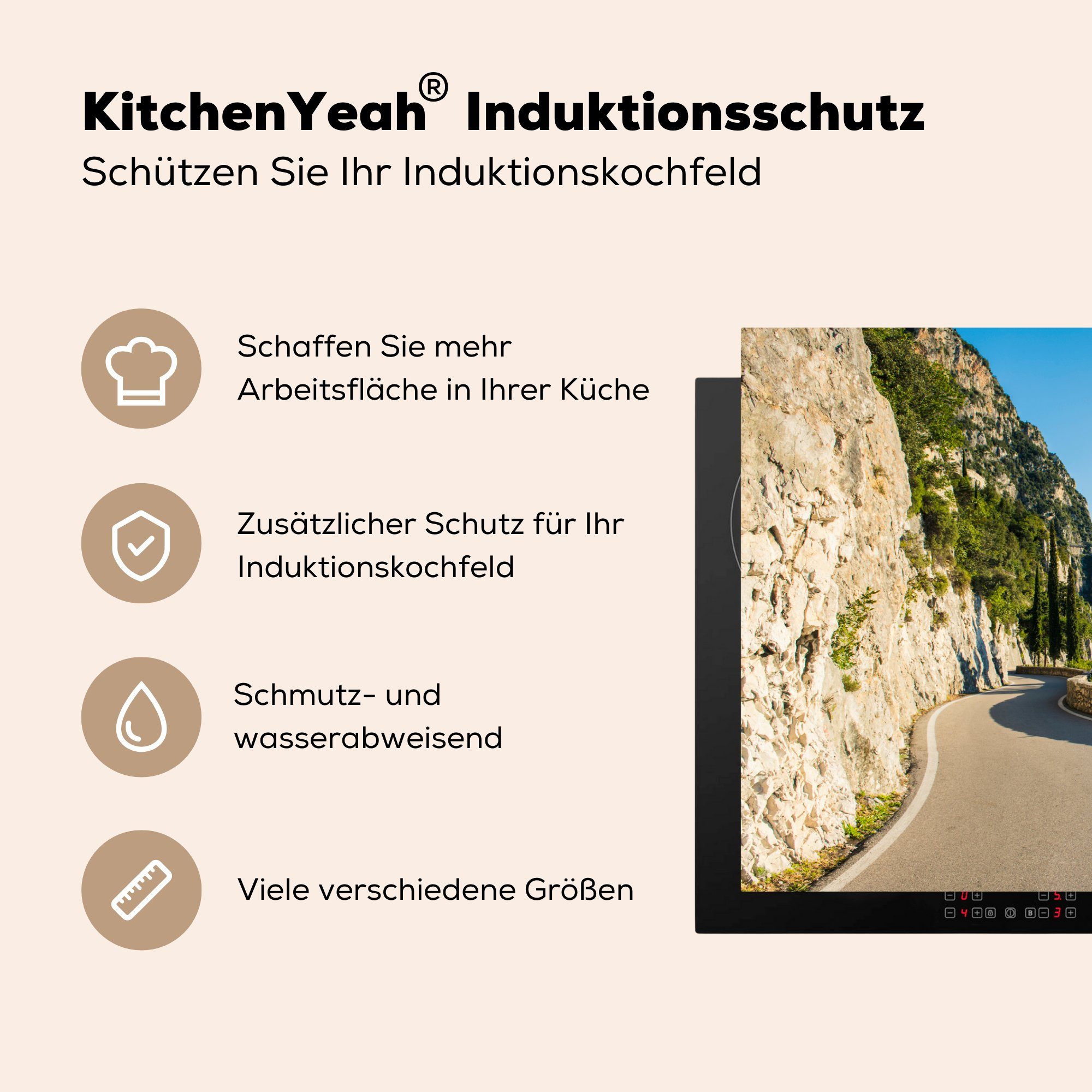 Vinyl, Schutz - 81x52 Weg cm, Gardasee - Induktionskochfeld Berg, die tlg), MuchoWow Herdblende-/Abdeckplatte küche, für (1 Ceranfeldabdeckung