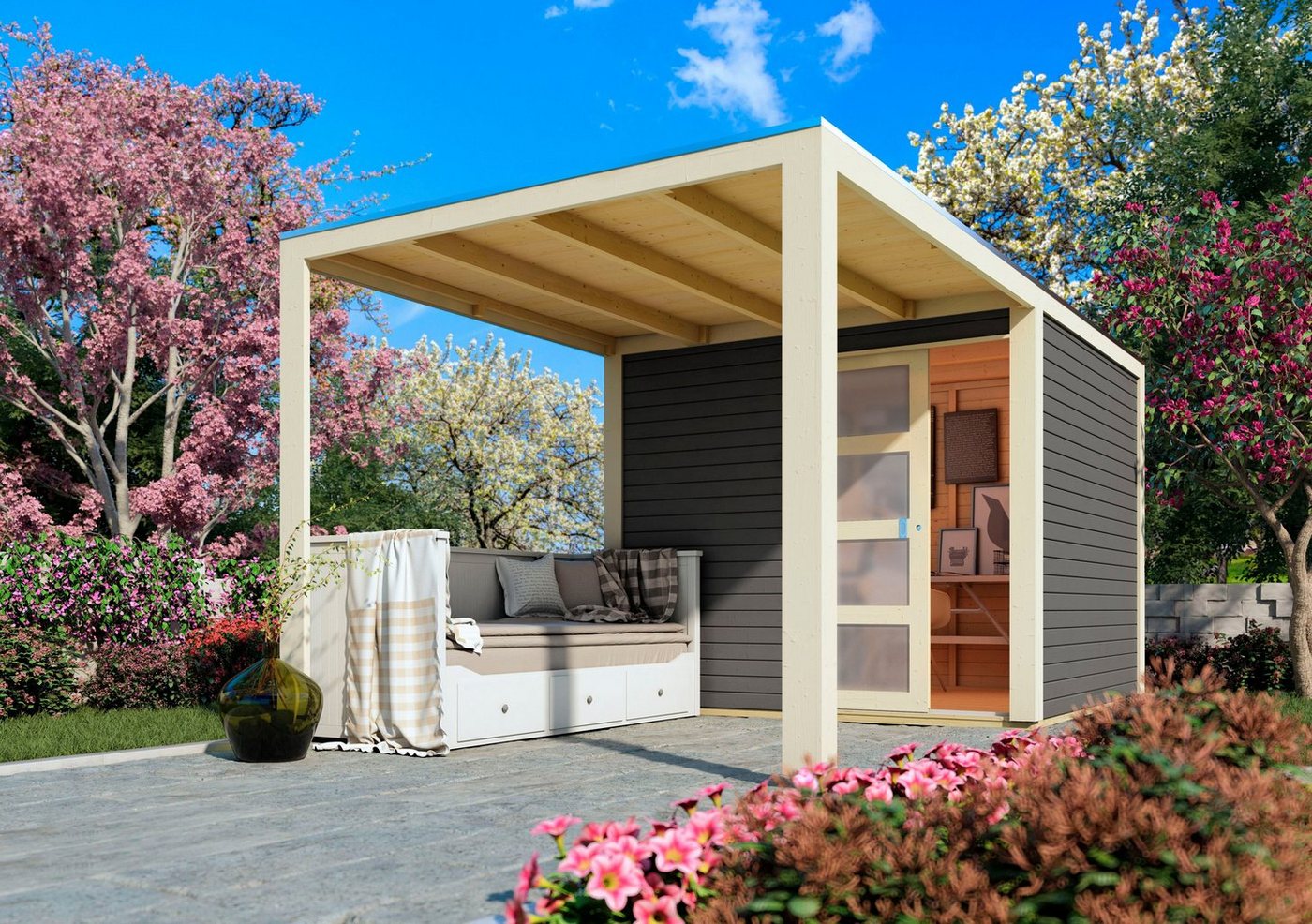 Thumbnail - Karibu Gartenhaus Quellsee 1, BxT: 485x246 cm, (Set), mit Anbaudach, naturbelassen oder terragrau