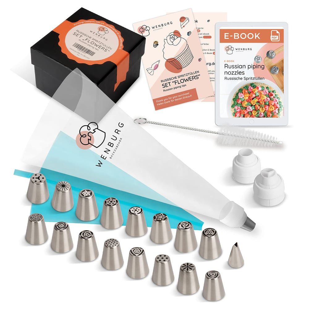 Wenburg Spritztüllen 43er-Set Tortendekoration Spritztüllen, Nylon/Polyethylen (PE)/Polypropylen (PP)/Edelstahl, kreativ dekorieren Muffin Cupcake Kuchen Torten rostfreies Edelstahl
