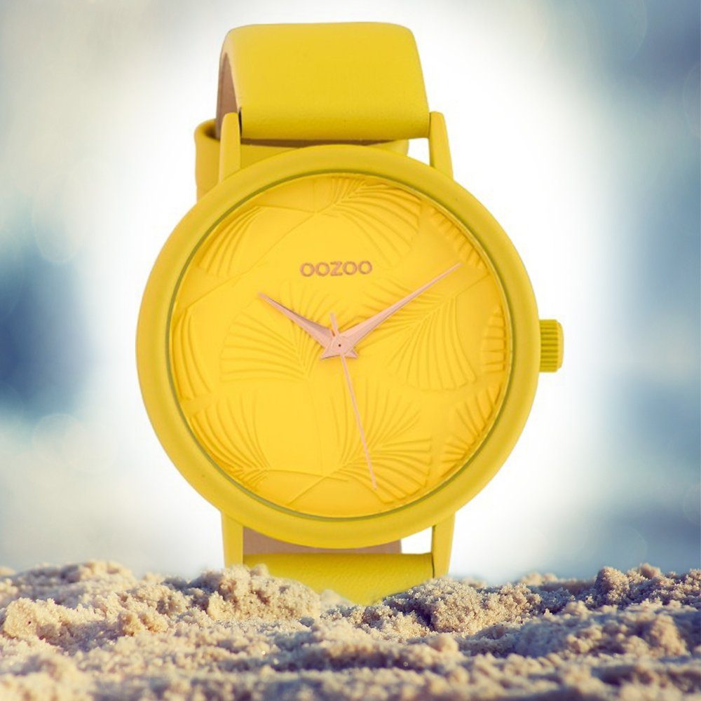 OOZOO Quarzuhr gelb, groß Fashion Damen Damenuhr gelb, 42mm), Lederarmband Armbanduhr Oozoo rund, (ca