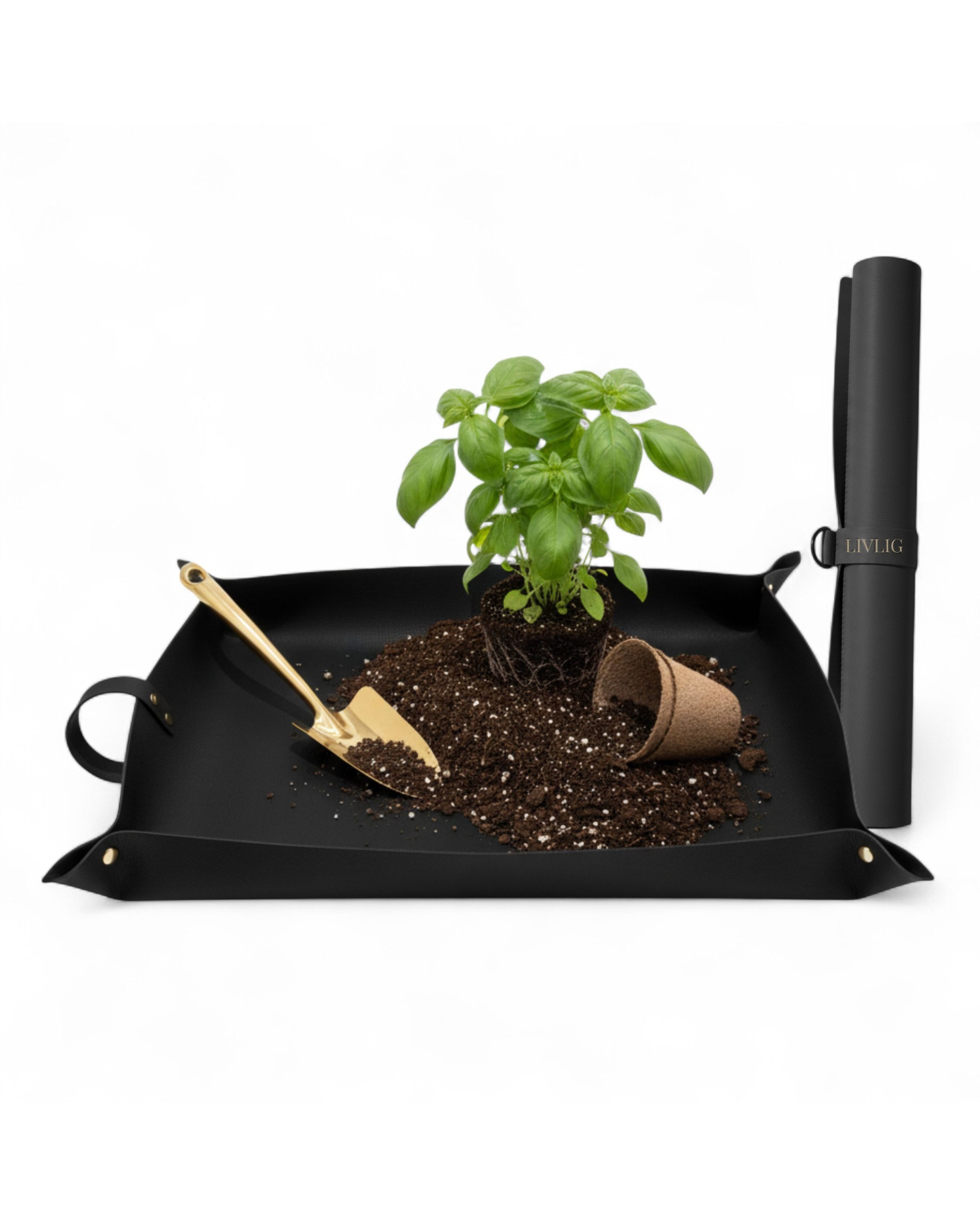LIVLIG Gartenpflege-Set Pflanzmatte, Umtopfmatte, Gärtnerunterlage, aus Kunstleder mit versiegelten Kanten, Gold-Details, 45x70cm