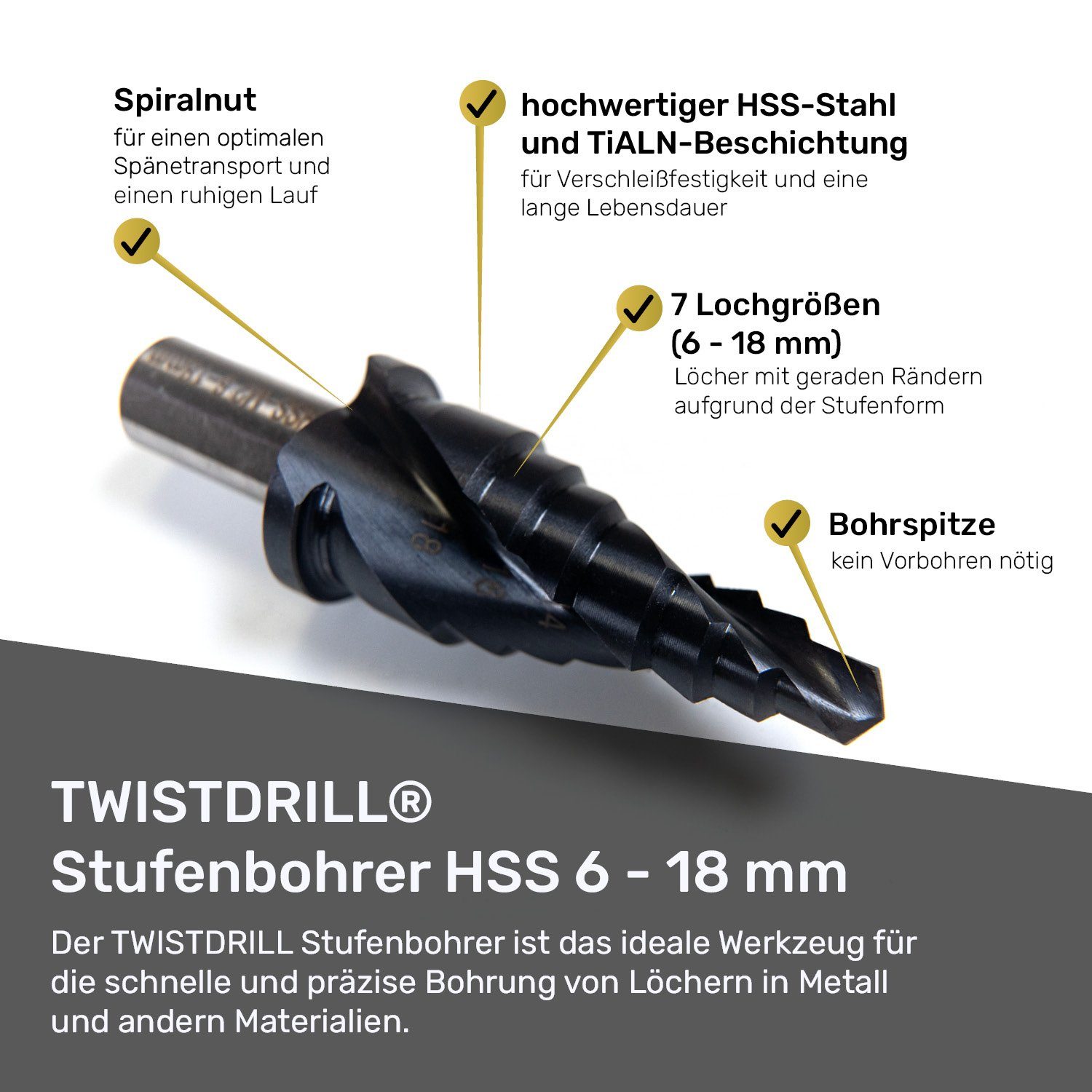 TWISTDRILL Stufenbohrer Stufenbohrer HSS 6-18,0 mm, TiALN-Beschichtung, Spiralnut