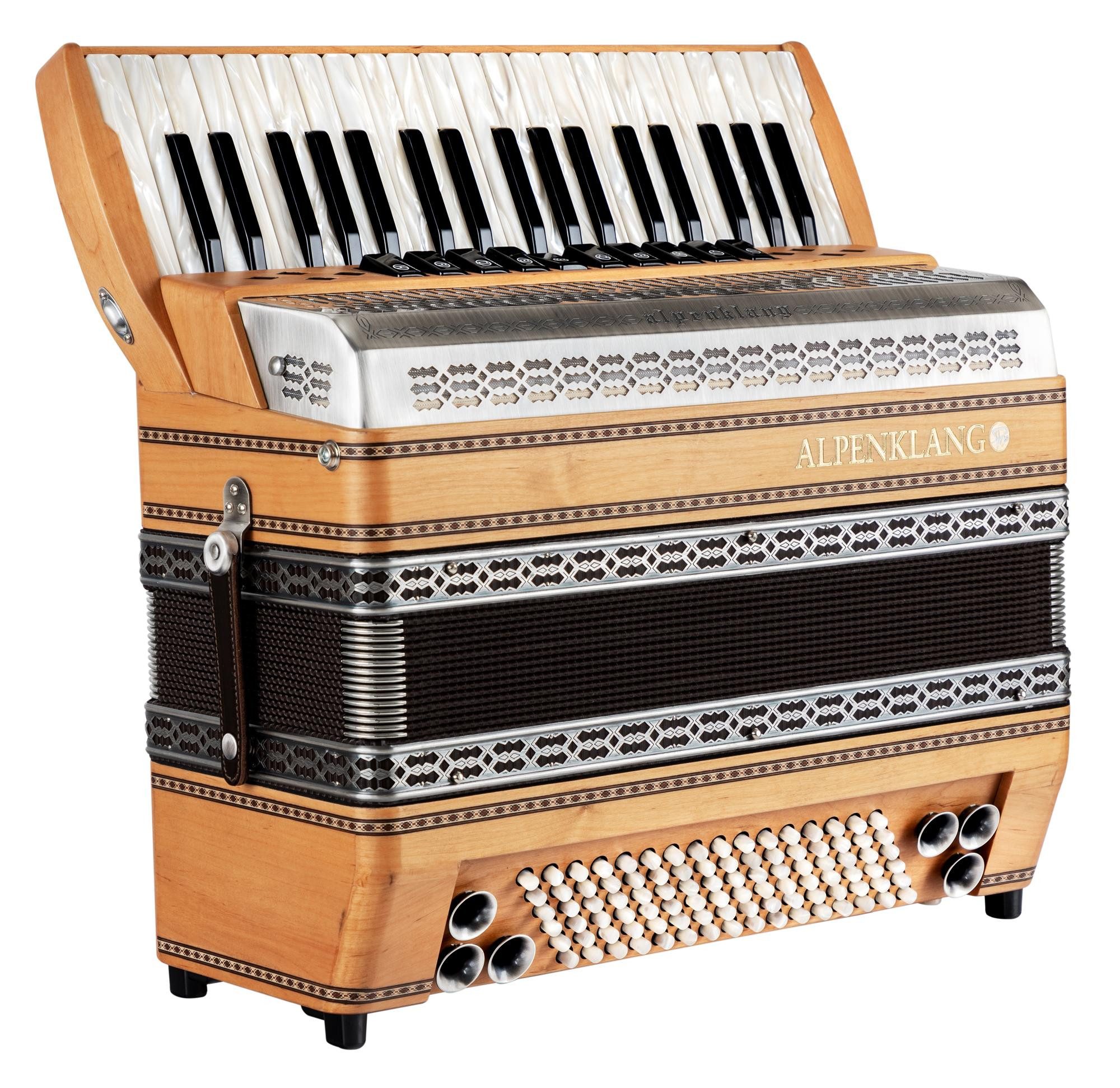 Alpenklang Knopf-Akkordeon Pro Akkordeon IV 96 MH Erle (Pro-Serie, inkl. Koffer und Riemen), italienische Tipo a Mano-Stimmplatten, Musstte-Register, Helikon-Bässe