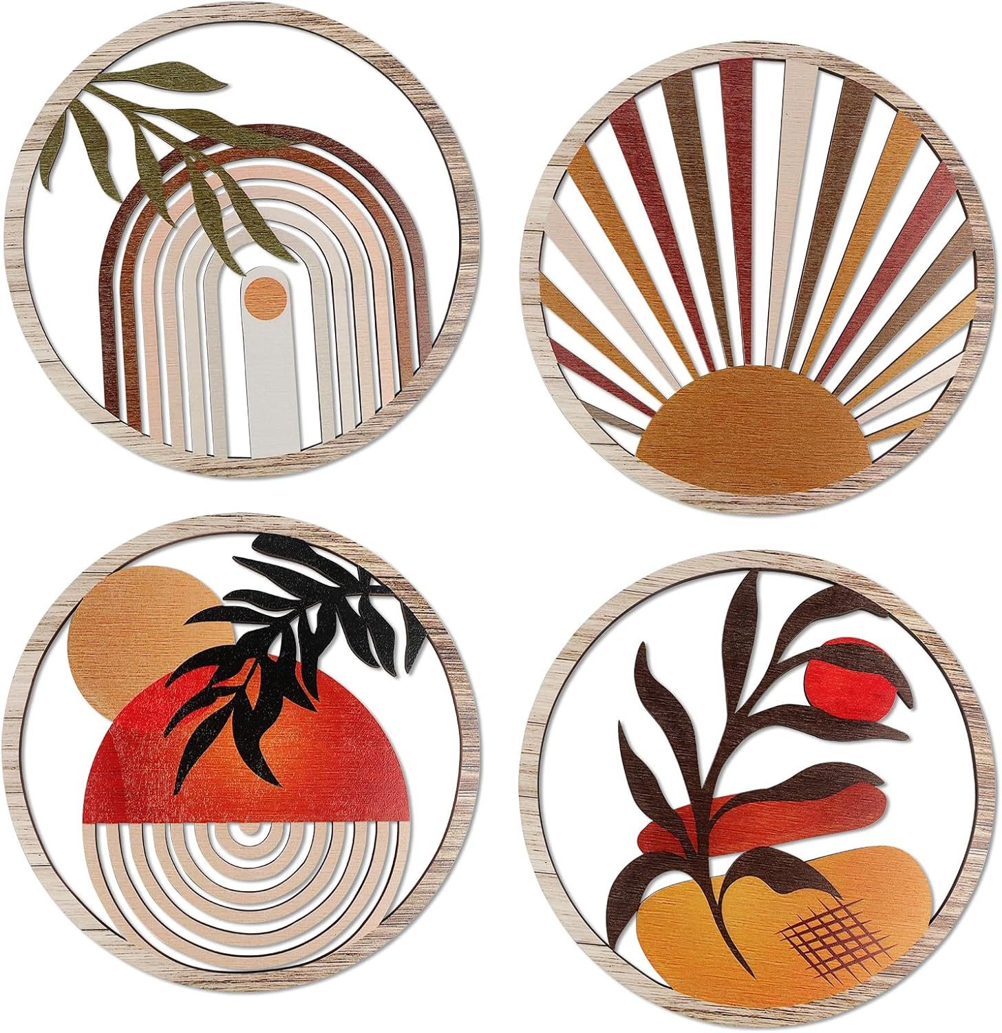BlingBin Wanddekoobjekt 4 Stück Holz Boho Wand Deko 3D Runde Bauernhof Wand günstig online kaufen