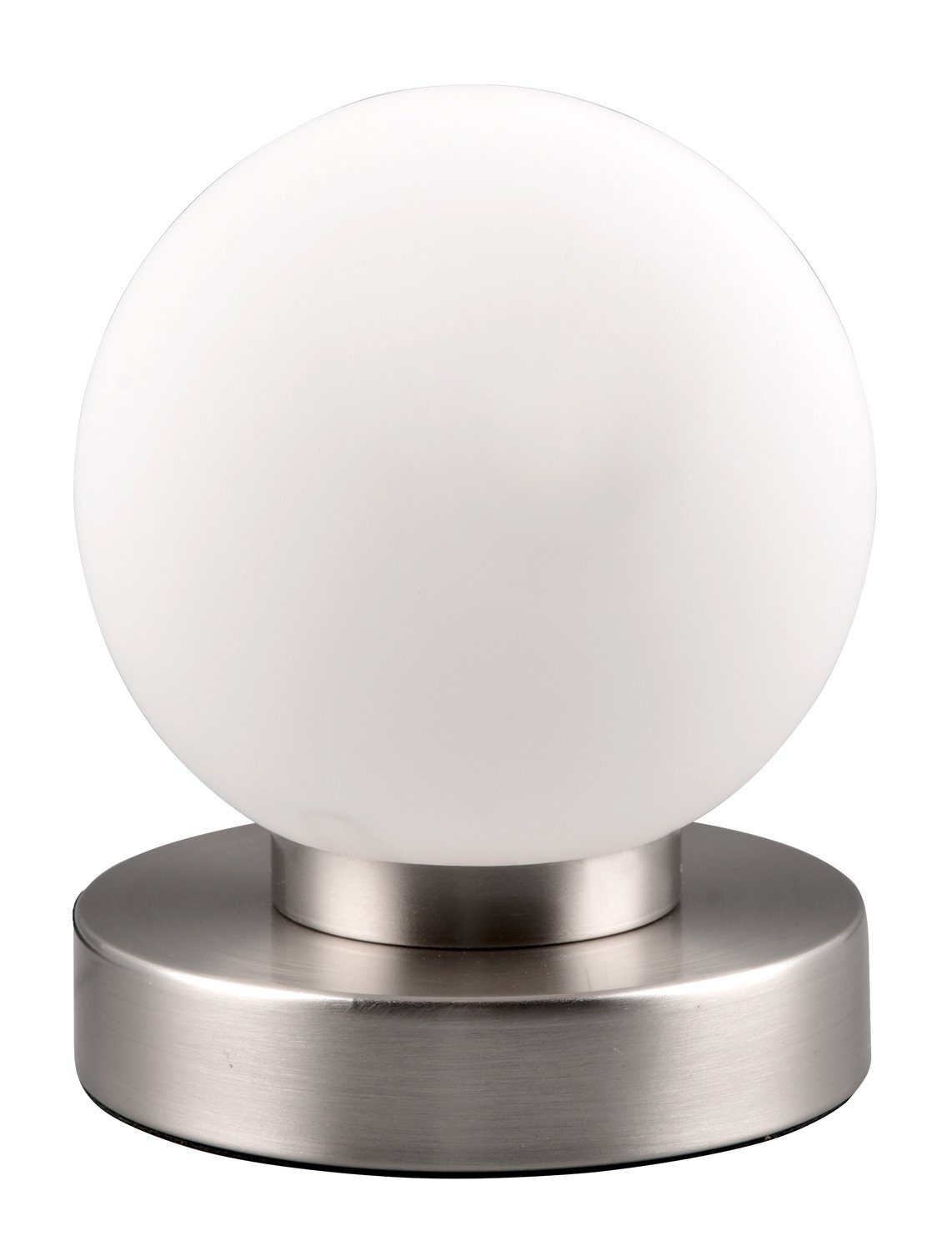 Reality Leuchten Tischleuchte PRESTON, 1-flammig, Weiß, Glasschirm, H 15 cm, ohne Leuchtmittel, Metallgestell Nickelfarben matt, Tischlampe, Touchfunktion
