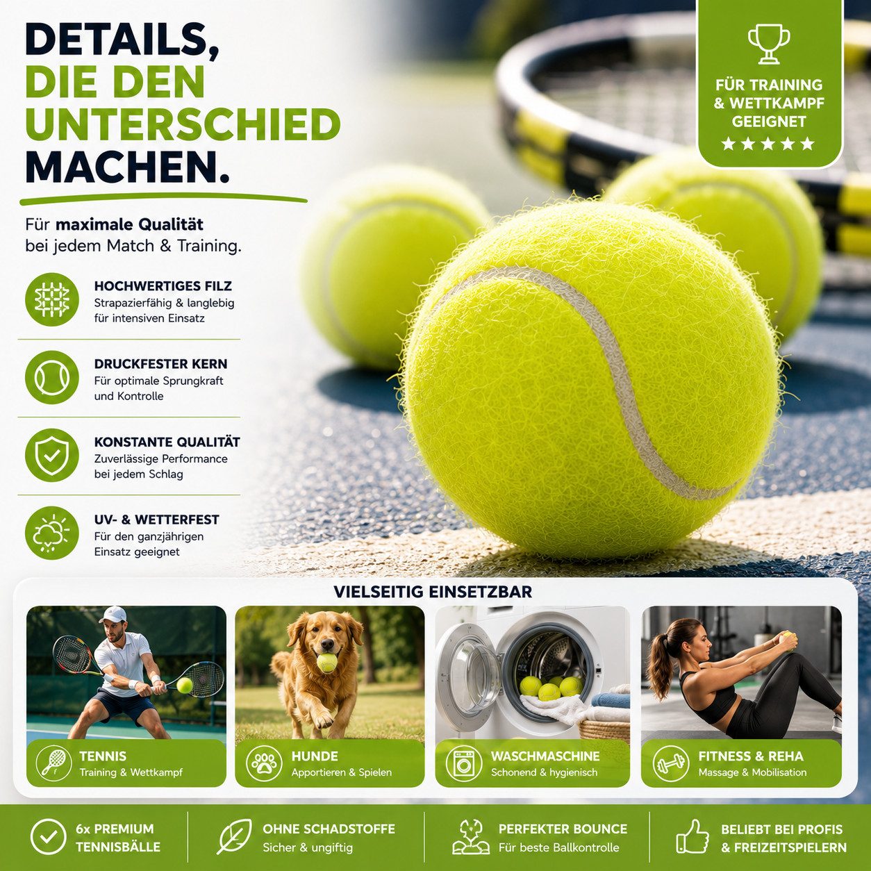 Sportyfits® Tennisball 6x Tennisbälle Sport & Tennis - Training und Wettkampf (6er Set, 6-St., 6x Tennisball)