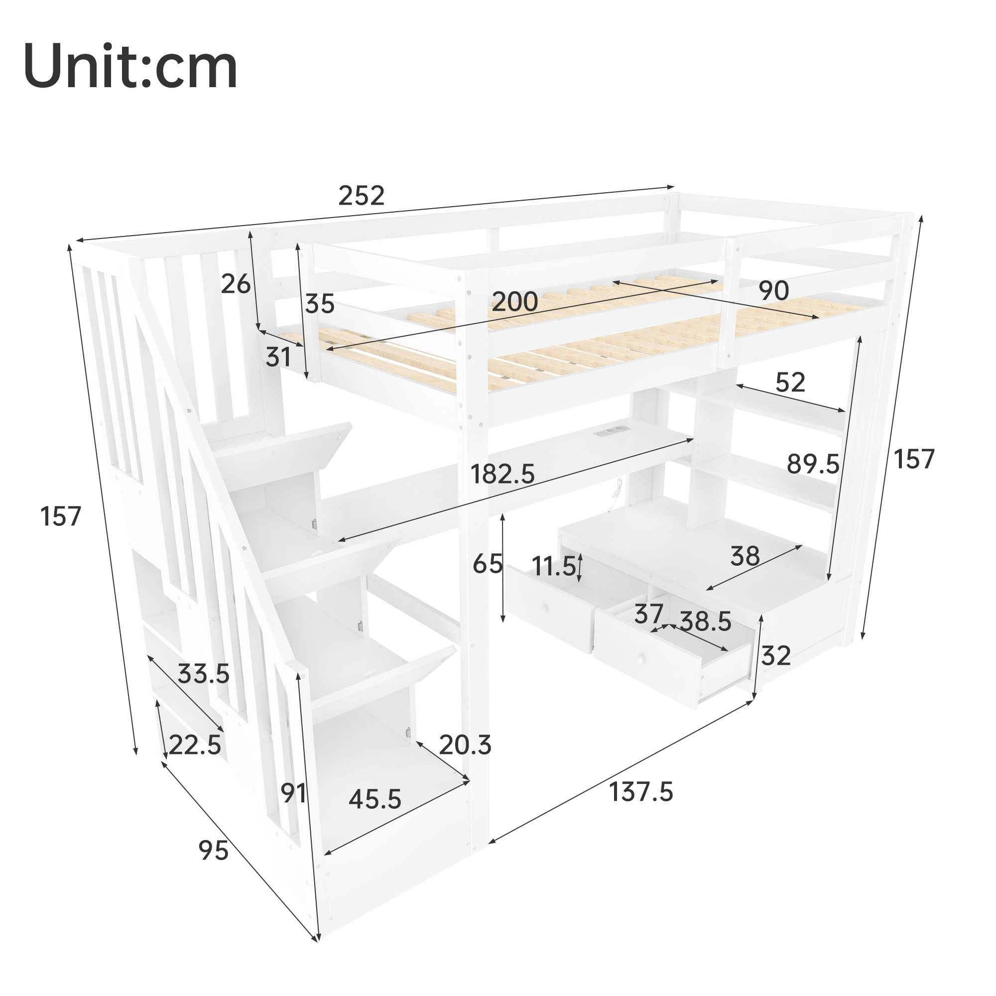 Merax Hochbett 90x200cm mit LED-Beleuchtung (1-St., Jugendbett Einzelbett Stockbett) Kiefer Kinderbett mit Schreibtisch Regalen Schubladen Stauraumtreppe – Bild 4 von 5