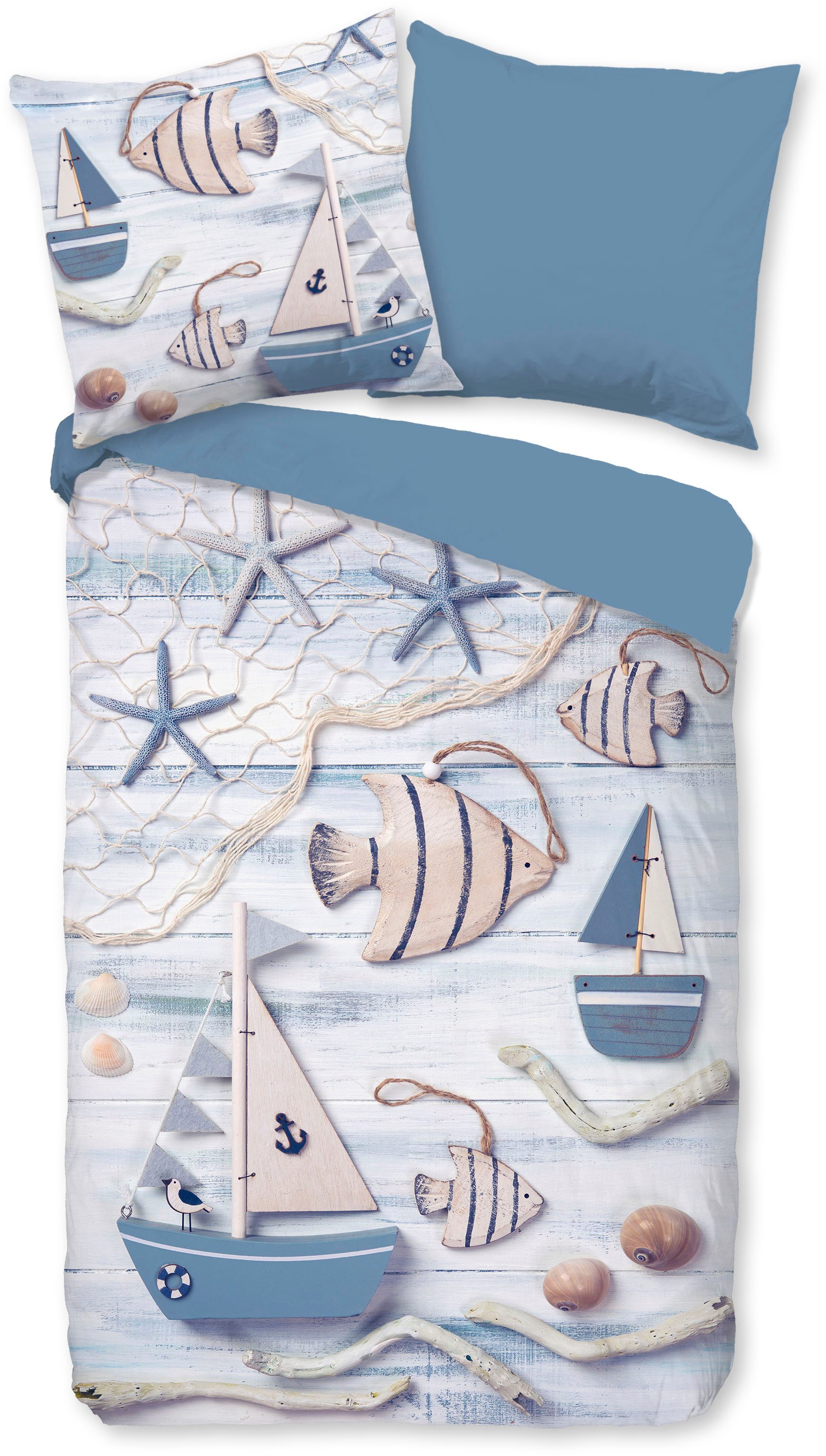 good morning Wendebettwäsche Maritim, Renforcé, 2 teilig, Baumwolle, Renforcé, 135x200, Reißverschluss, Wendeoptik, Maritim Blau – Bild 2 von 4