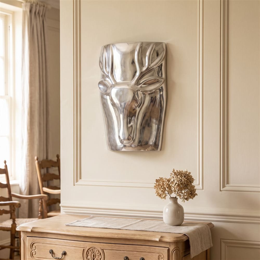 Antikas Wanddekoobjekt Kopfbüste als Wanddekoration, Hirsch, Wanddeko, Aluminium